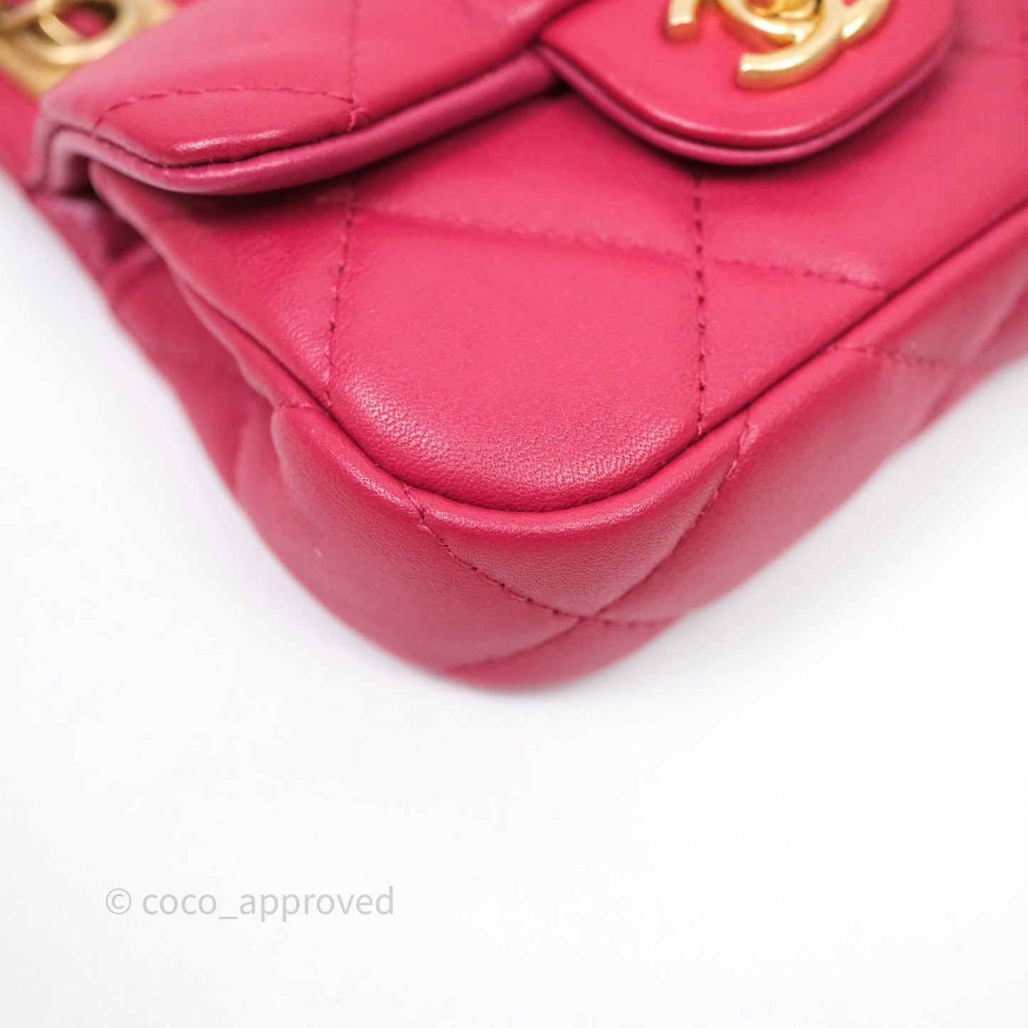 Chanel Quilted Lady Handle Flap Card Holder With Chain Dark Pink Calfskin Aged Gold Hardware