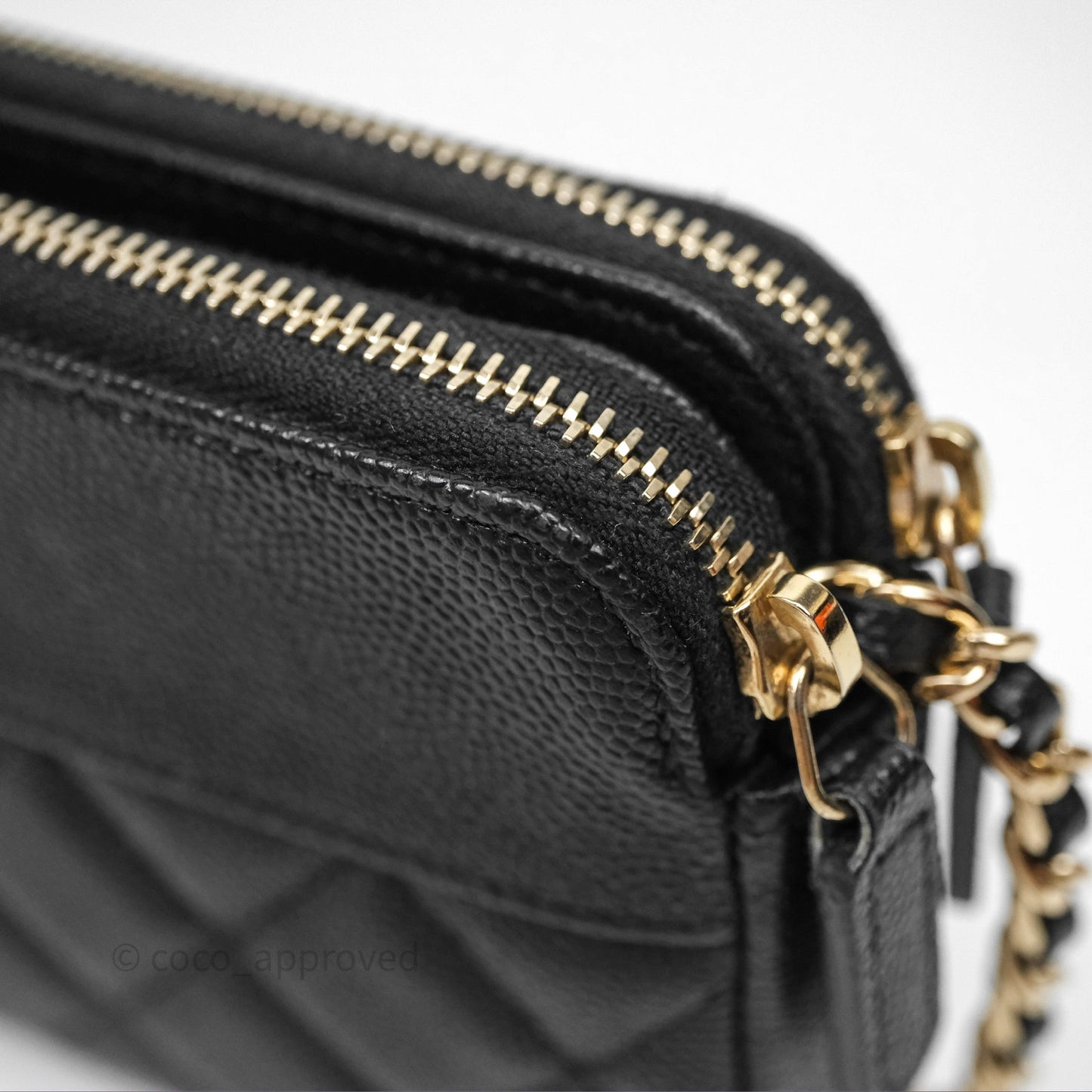 Chanel Double Zip Clutch With Chain Caviar Black Gold Hardware