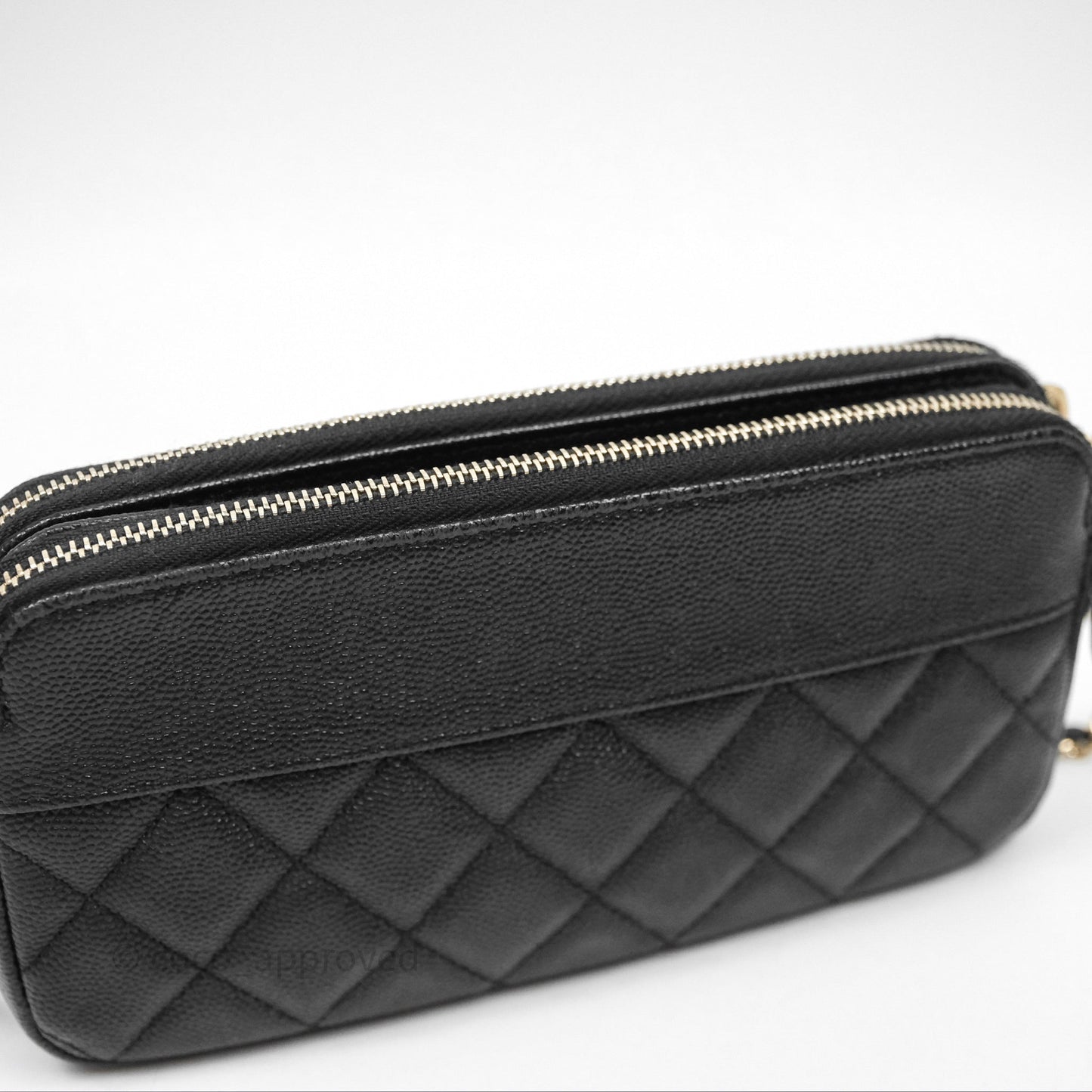 Chanel Double Zip Clutch With Chain Caviar Black Gold Hardware