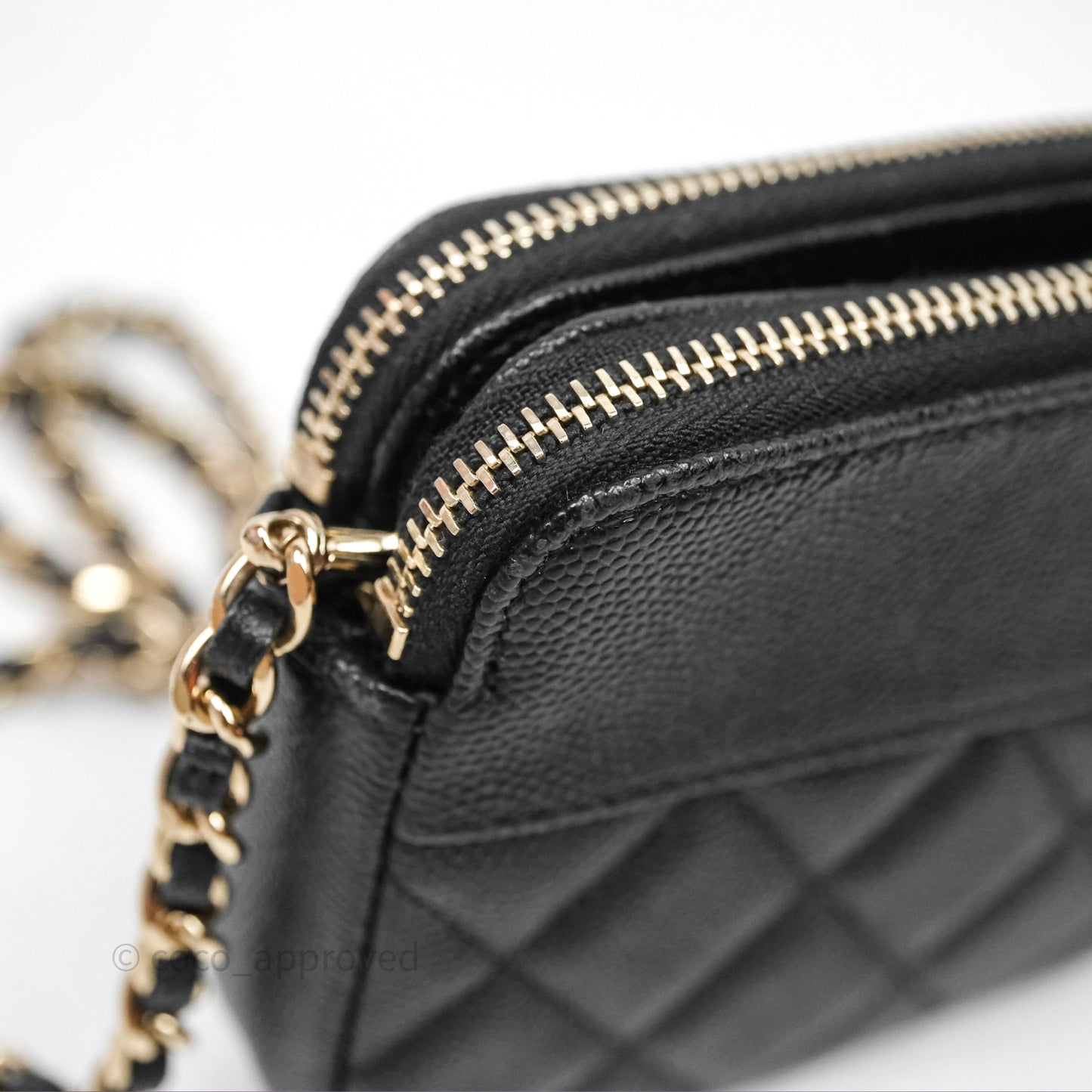 Chanel Double Zip Clutch With Chain Caviar Black Gold Hardware