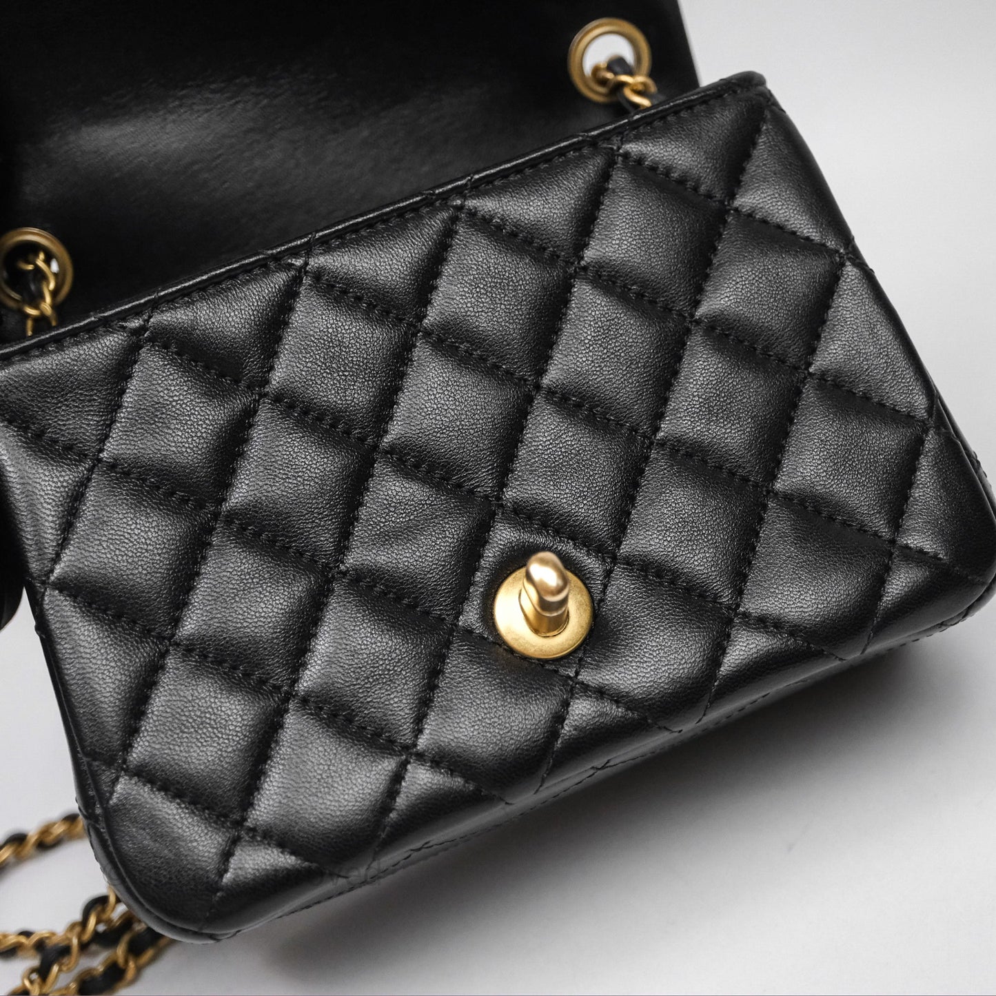 Chanel Pearl Crush Mini Square Quilted Black Lambskin Aged Gold Hardware