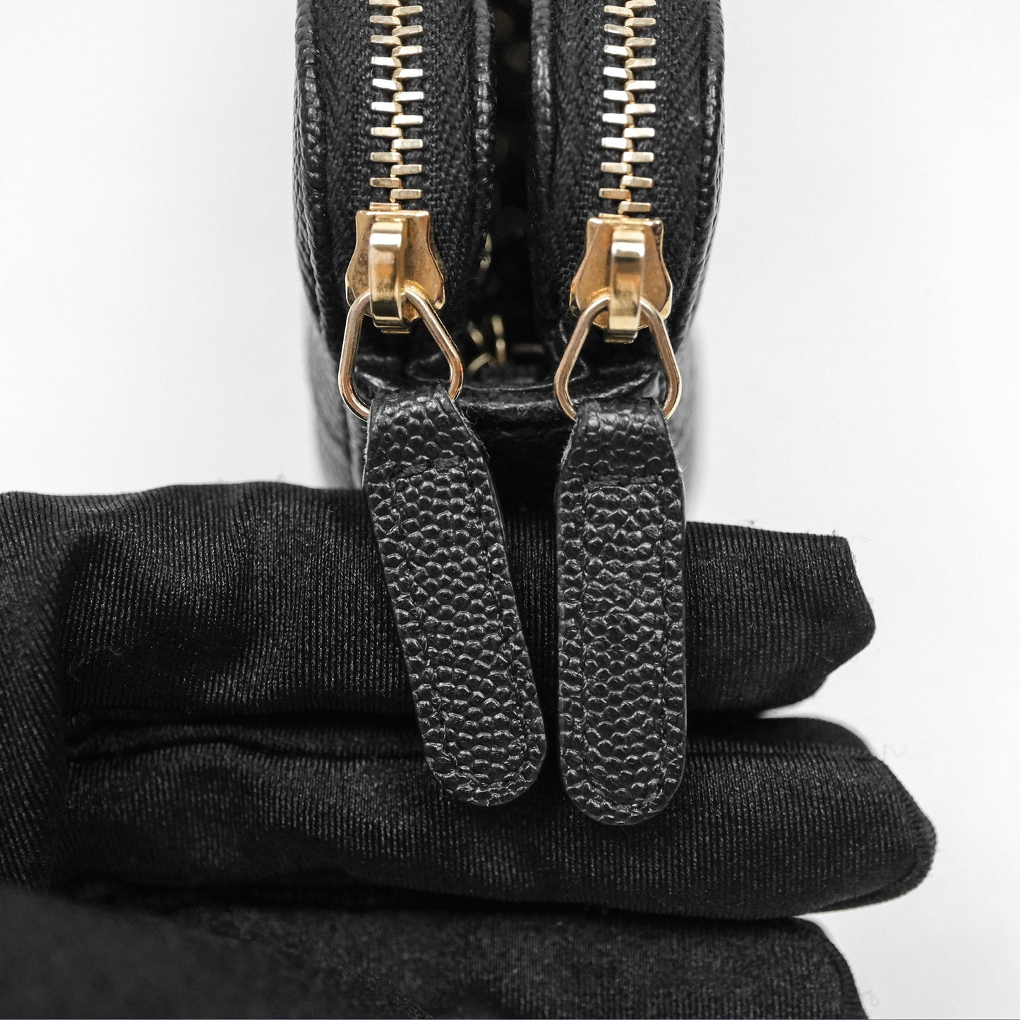 Chanel Double Zip Clutch With Chain Caviar Black Gold Hardware