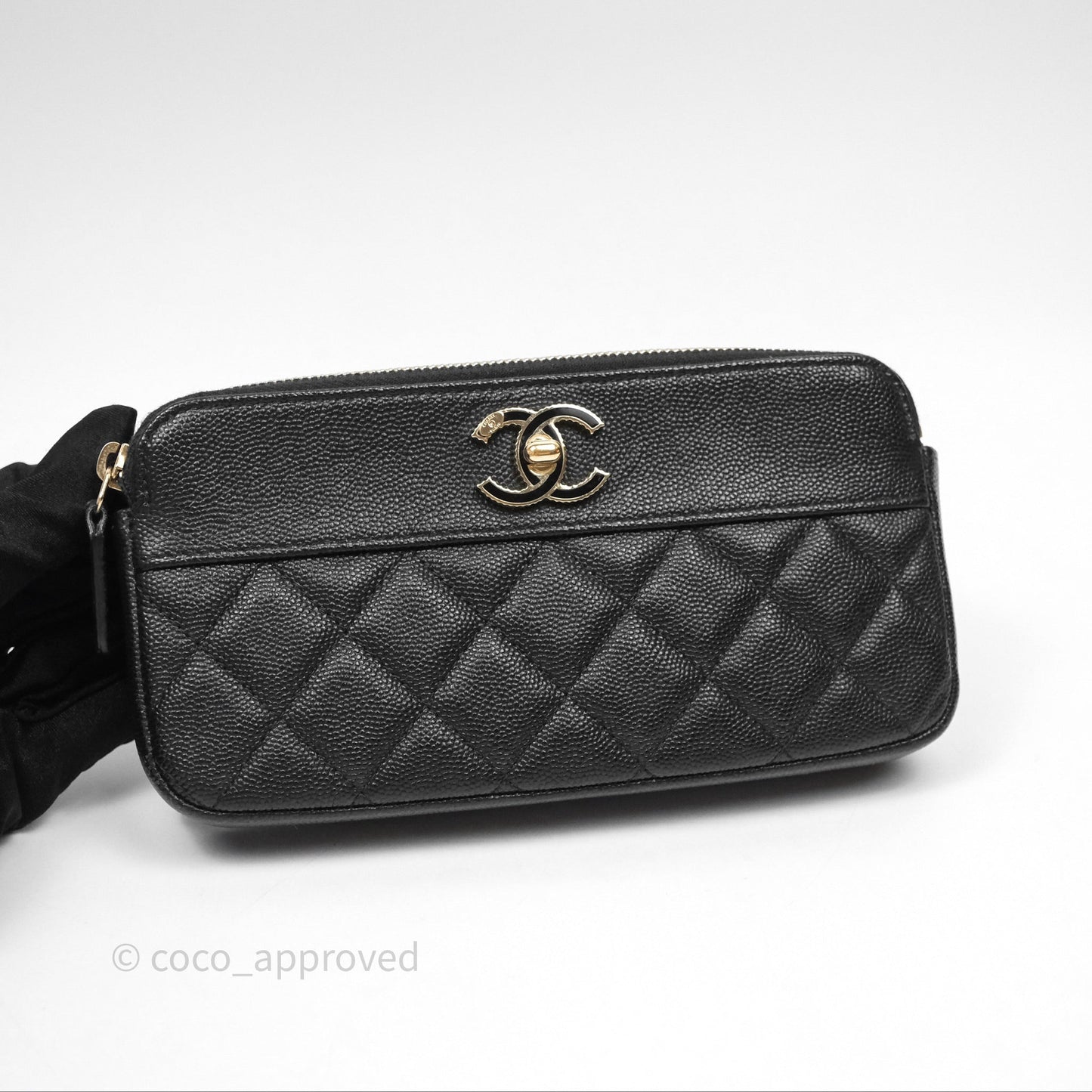 Chanel Double Zip Clutch With Chain Caviar Black Gold Hardware