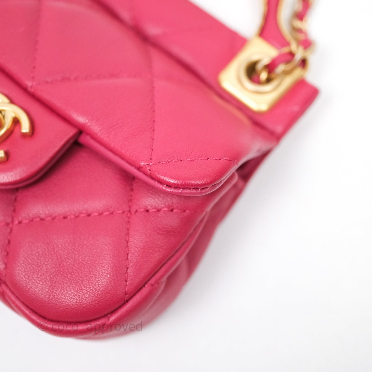 Chanel Quilted Lady Handle Flap Card Holder With Chain Dark Pink Calfskin Aged Gold Hardware