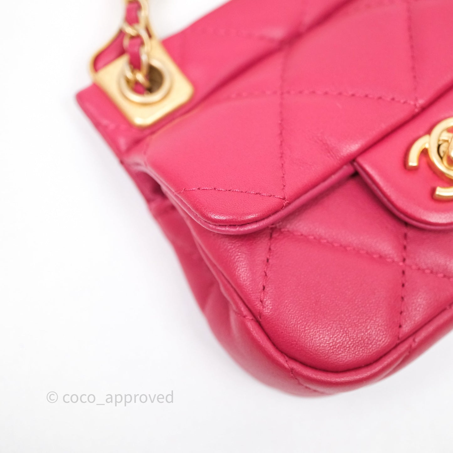 Chanel Quilted Lady Handle Flap Card Holder With Chain Dark Pink Calfskin Aged Gold Hardware