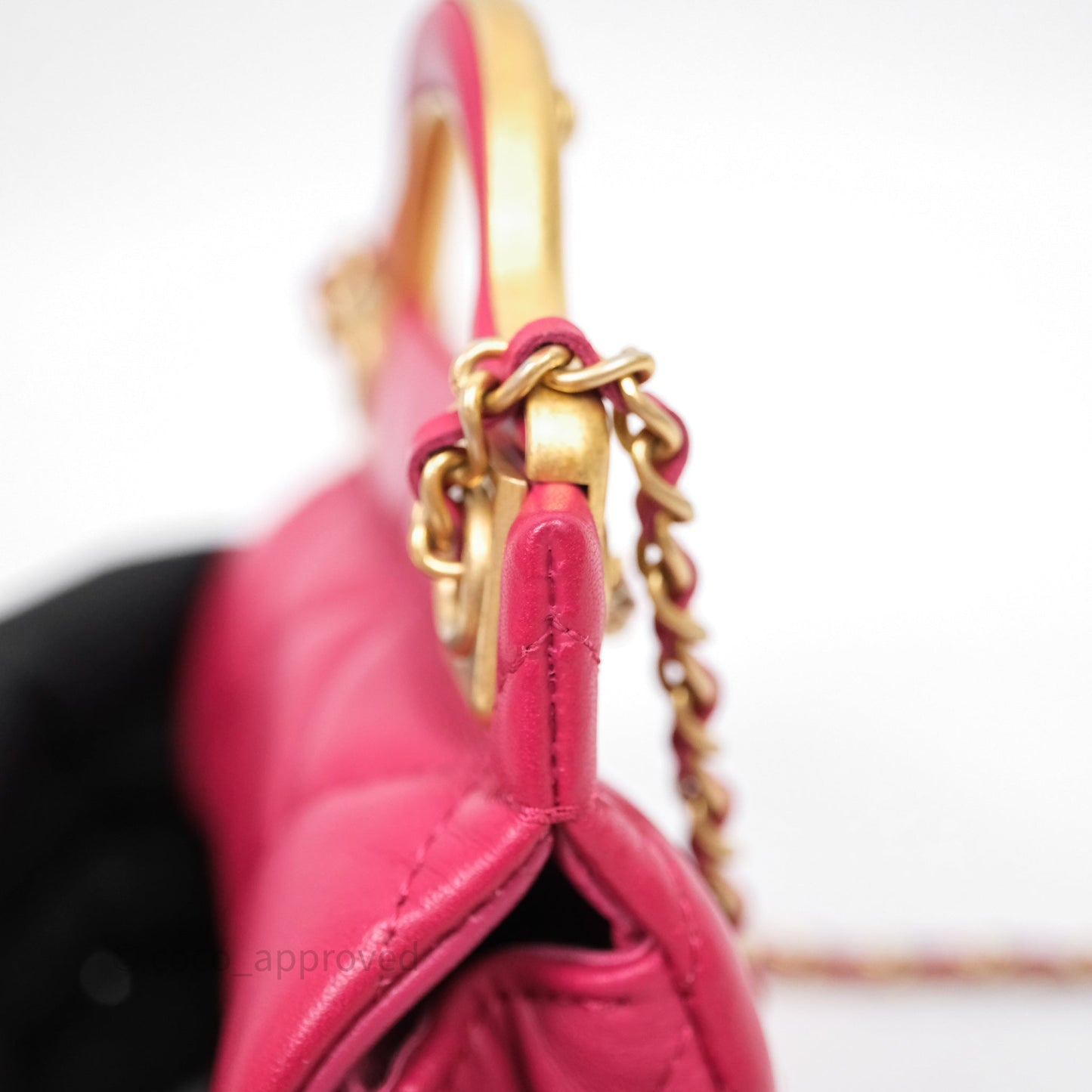 Chanel Quilted Lady Handle Flap Card Holder With Chain Dark Pink Calfskin Aged Gold Hardware