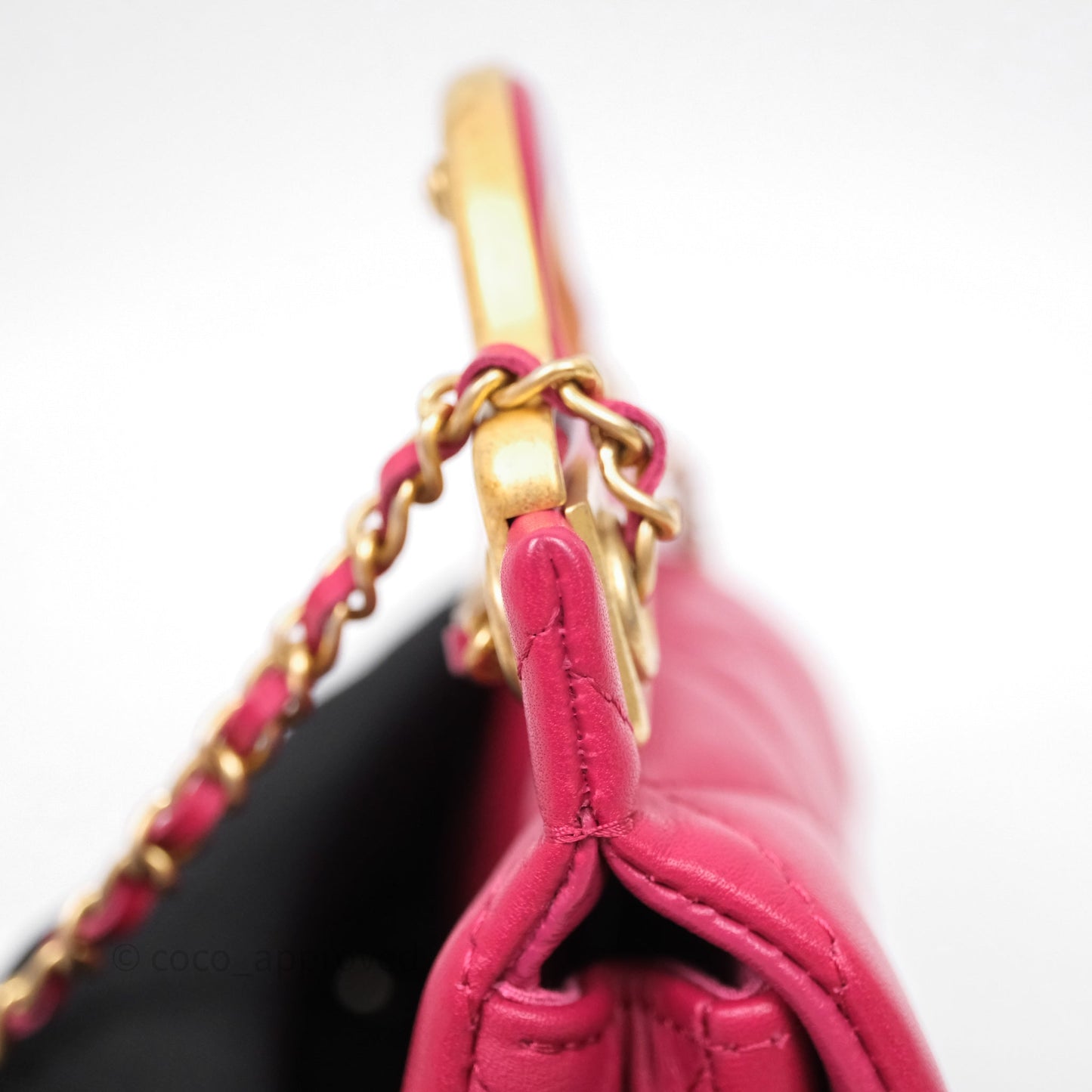 Chanel Quilted Lady Handle Flap Card Holder With Chain Dark Pink Calfskin Aged Gold Hardware