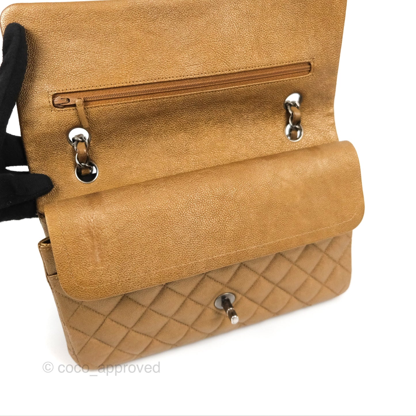 Chanel Classic M/L Medium Flap Quilted Metallic Gold Grained Calfskin Ruthenium Hardware
