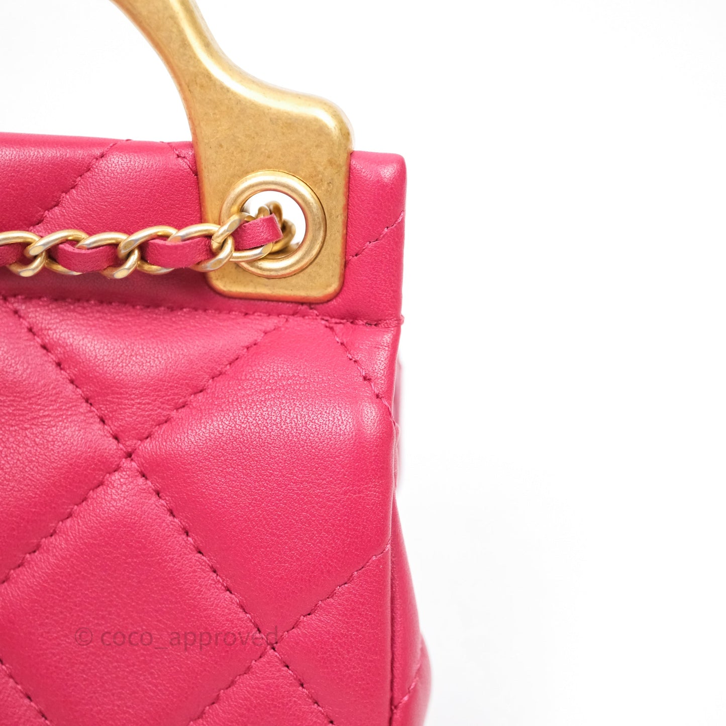 Chanel Quilted Lady Handle Flap Card Holder With Chain Dark Pink Calfskin Aged Gold Hardware