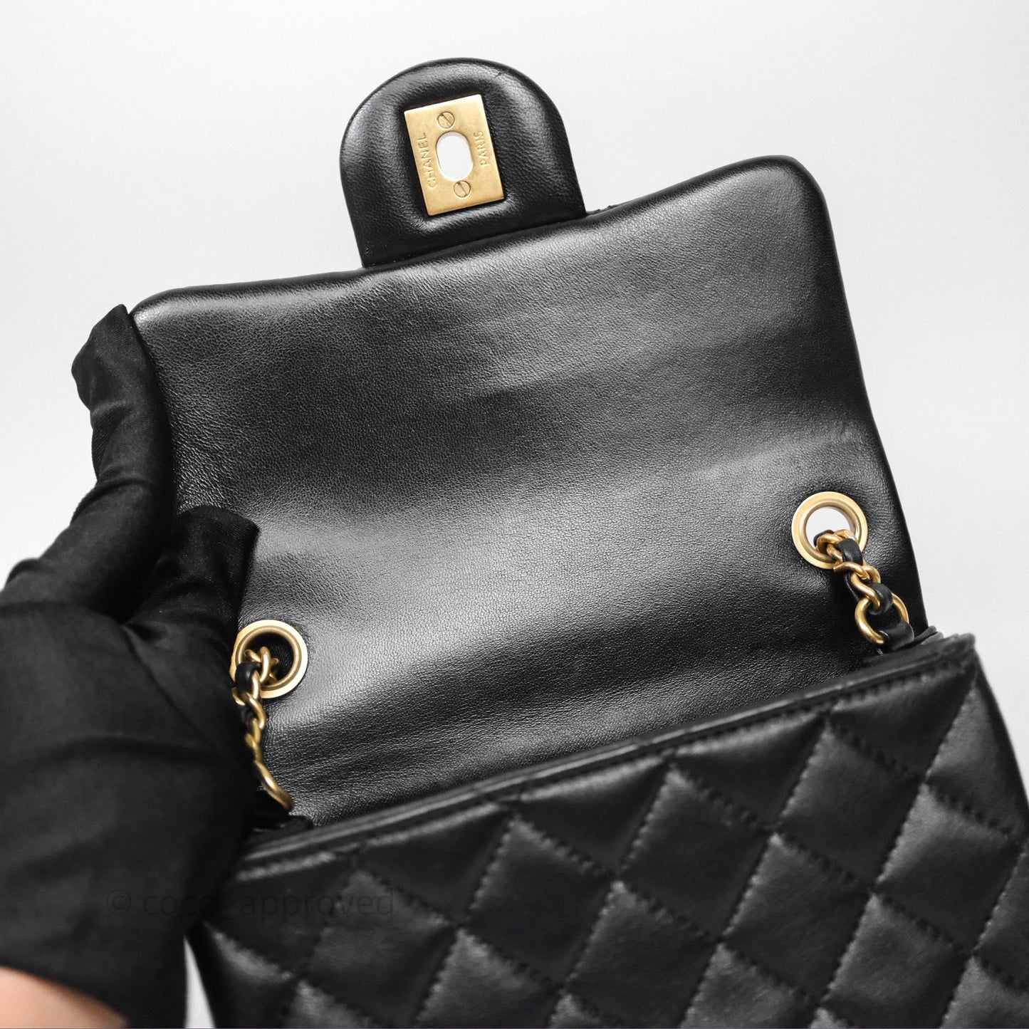 Chanel Pearl Crush Mini Square Quilted Black Lambskin Aged Gold Hardware