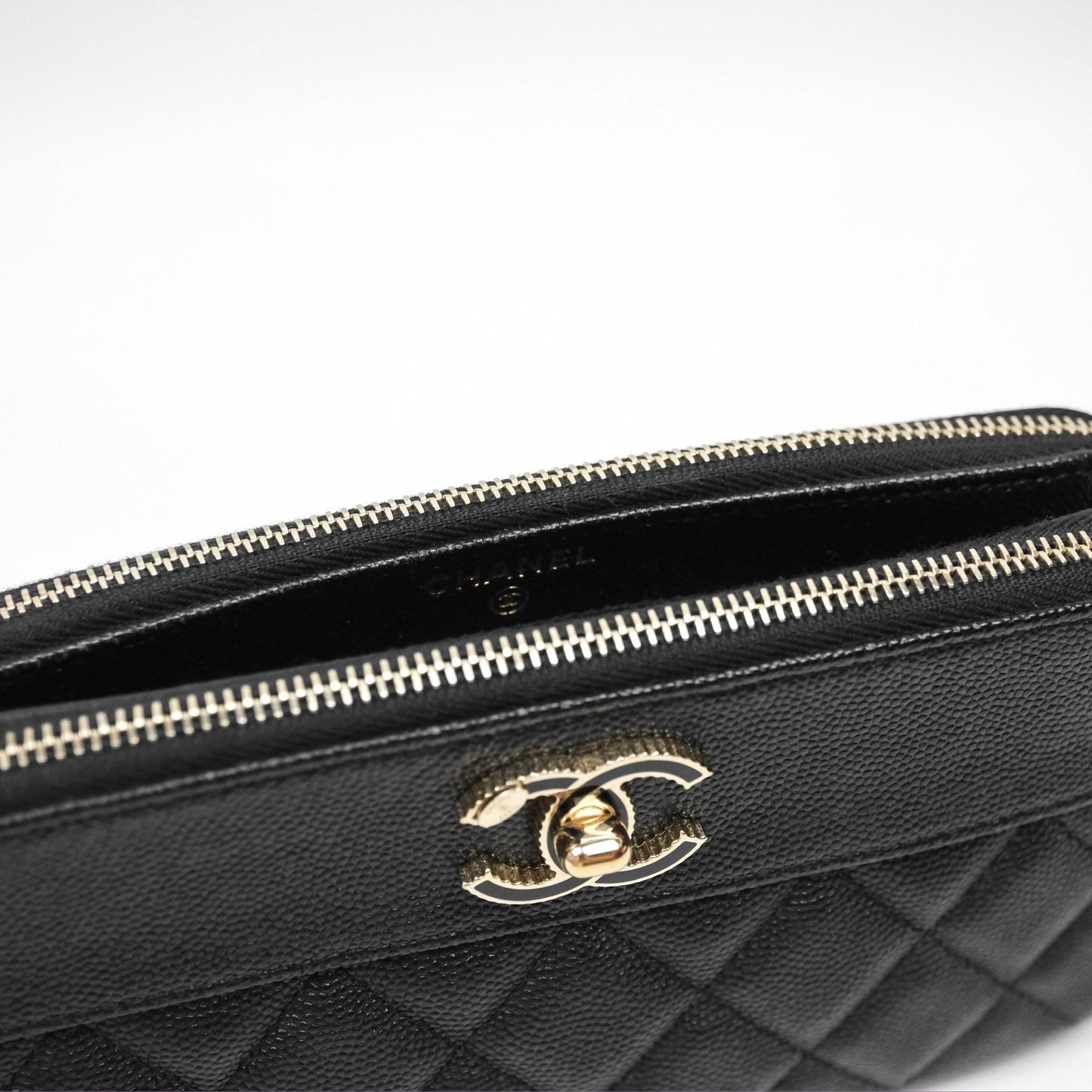 Chanel Double Zip Clutch With Chain Caviar Black Gold Hardware