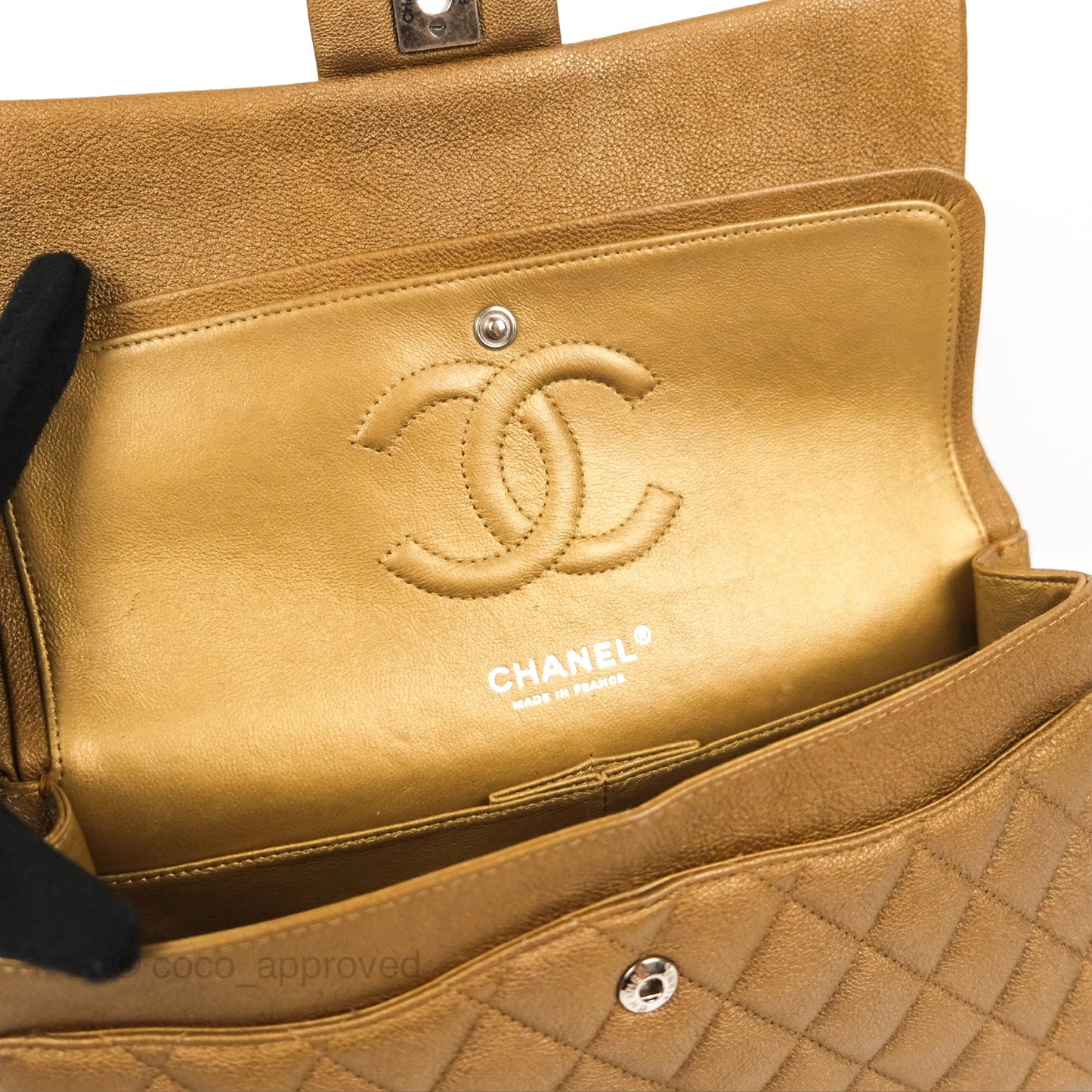 Chanel Classic M/L Medium Flap Quilted Metallic Gold Grained Calfskin Ruthenium Hardware