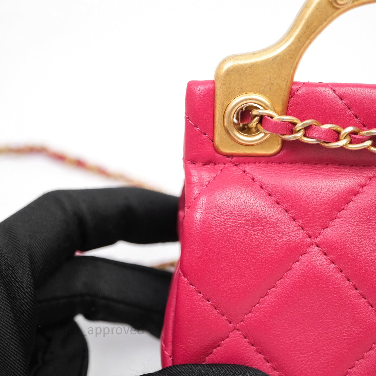 Chanel Quilted Lady Handle Flap Card Holder With Chain Dark Pink Calfskin Aged Gold Hardware