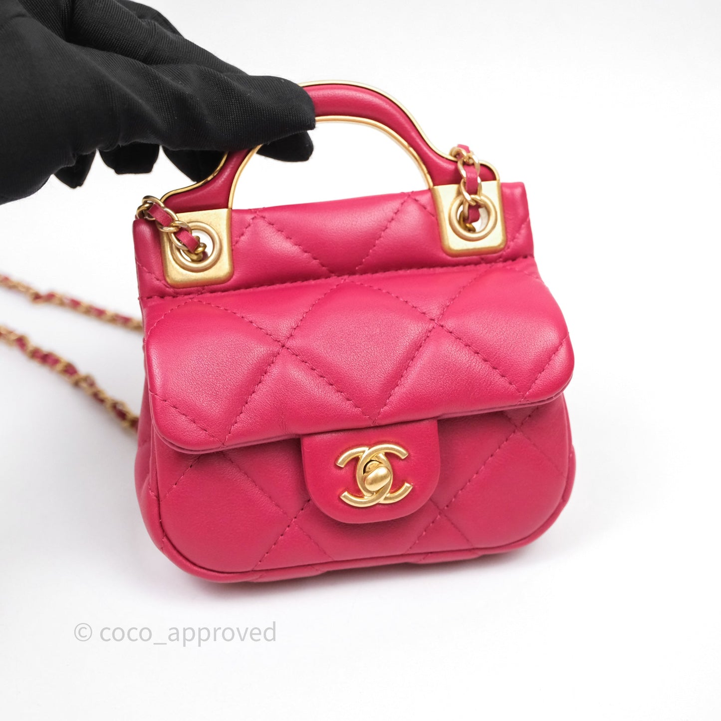 Chanel Quilted Lady Handle Flap Card Holder With Chain Dark Pink Calfskin Aged Gold Hardware