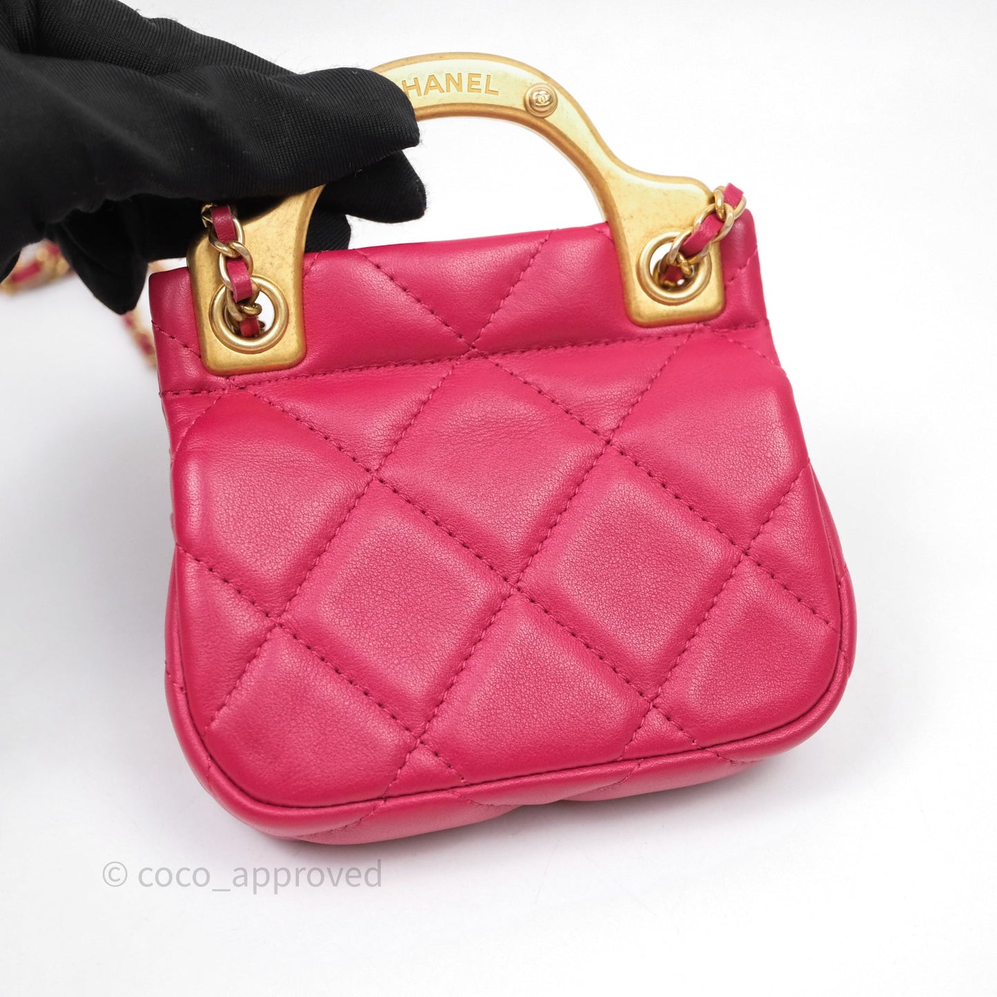 Chanel Quilted Lady Handle Flap Card Holder With Chain Dark Pink Calfskin Aged Gold Hardware