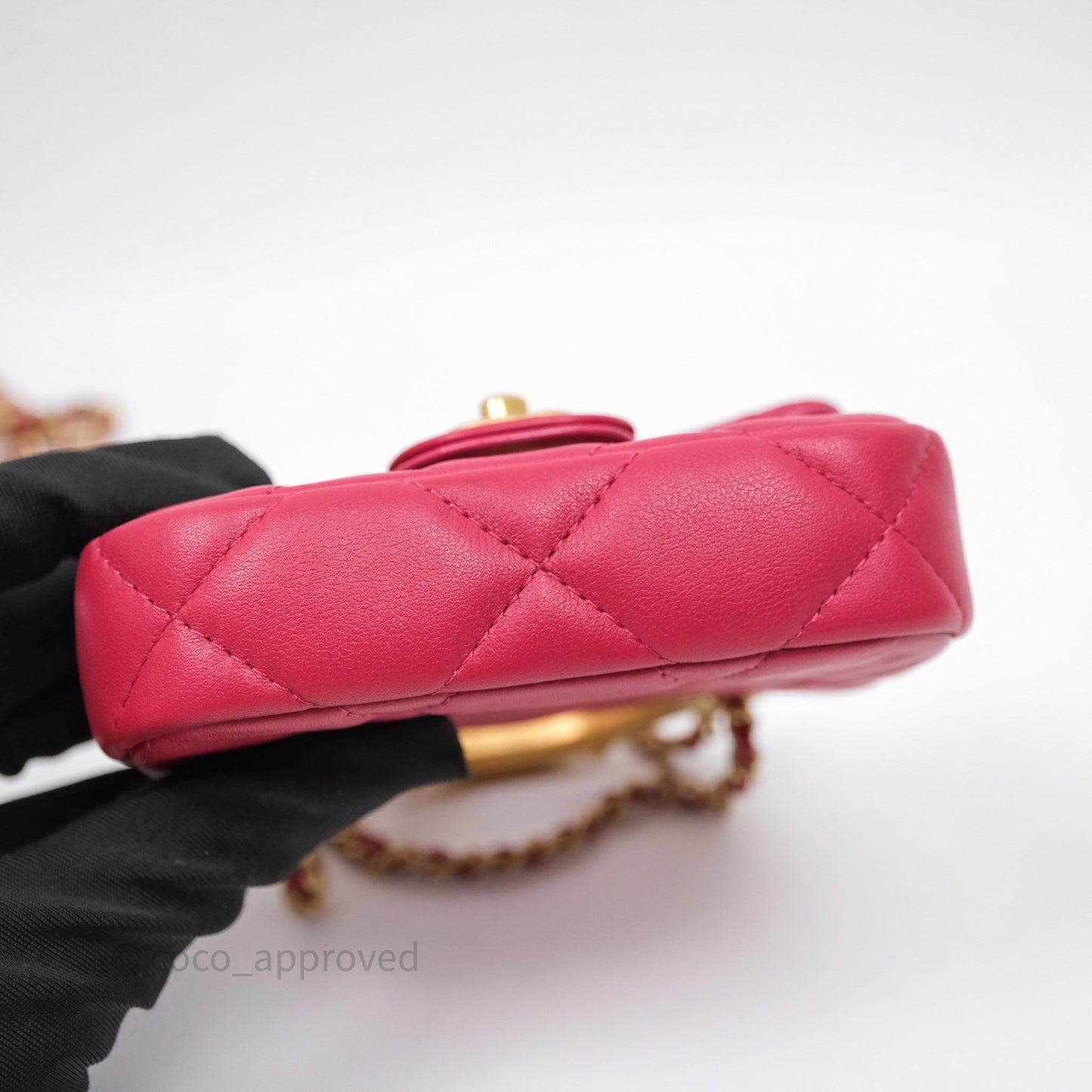 Chanel Quilted Lady Handle Flap Card Holder With Chain Dark Pink Calfskin Aged Gold Hardware