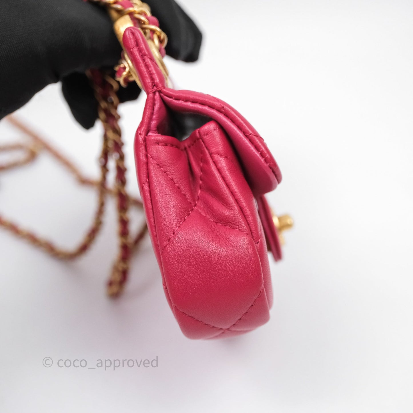 Chanel Quilted Lady Handle Flap Card Holder With Chain Dark Pink Calfskin Aged Gold Hardware