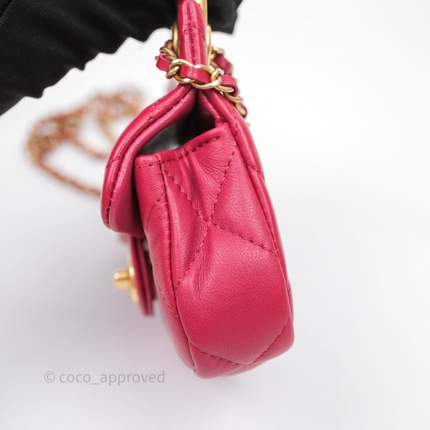 Chanel Quilted Lady Handle Flap Card Holder With Chain Dark Pink Calfskin Aged Gold Hardware