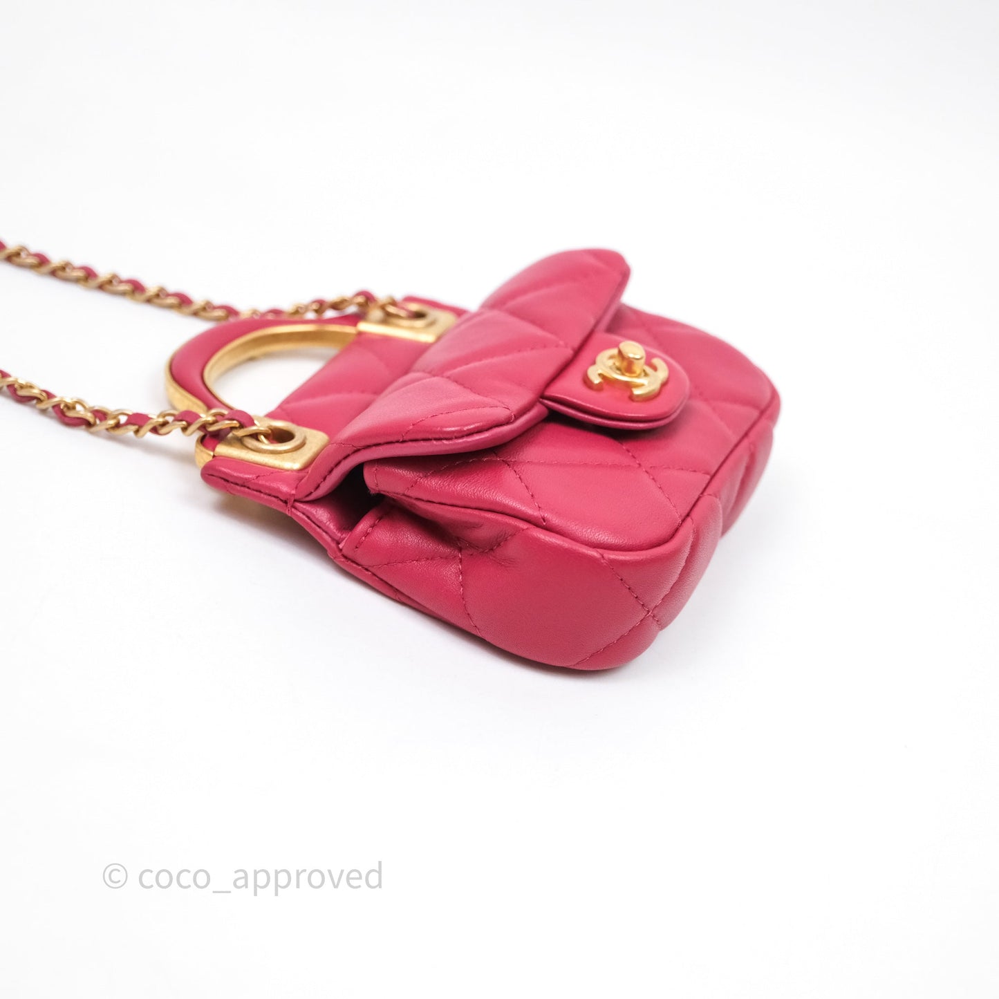 Chanel Quilted Lady Handle Flap Card Holder With Chain Dark Pink Calfskin Aged Gold Hardware