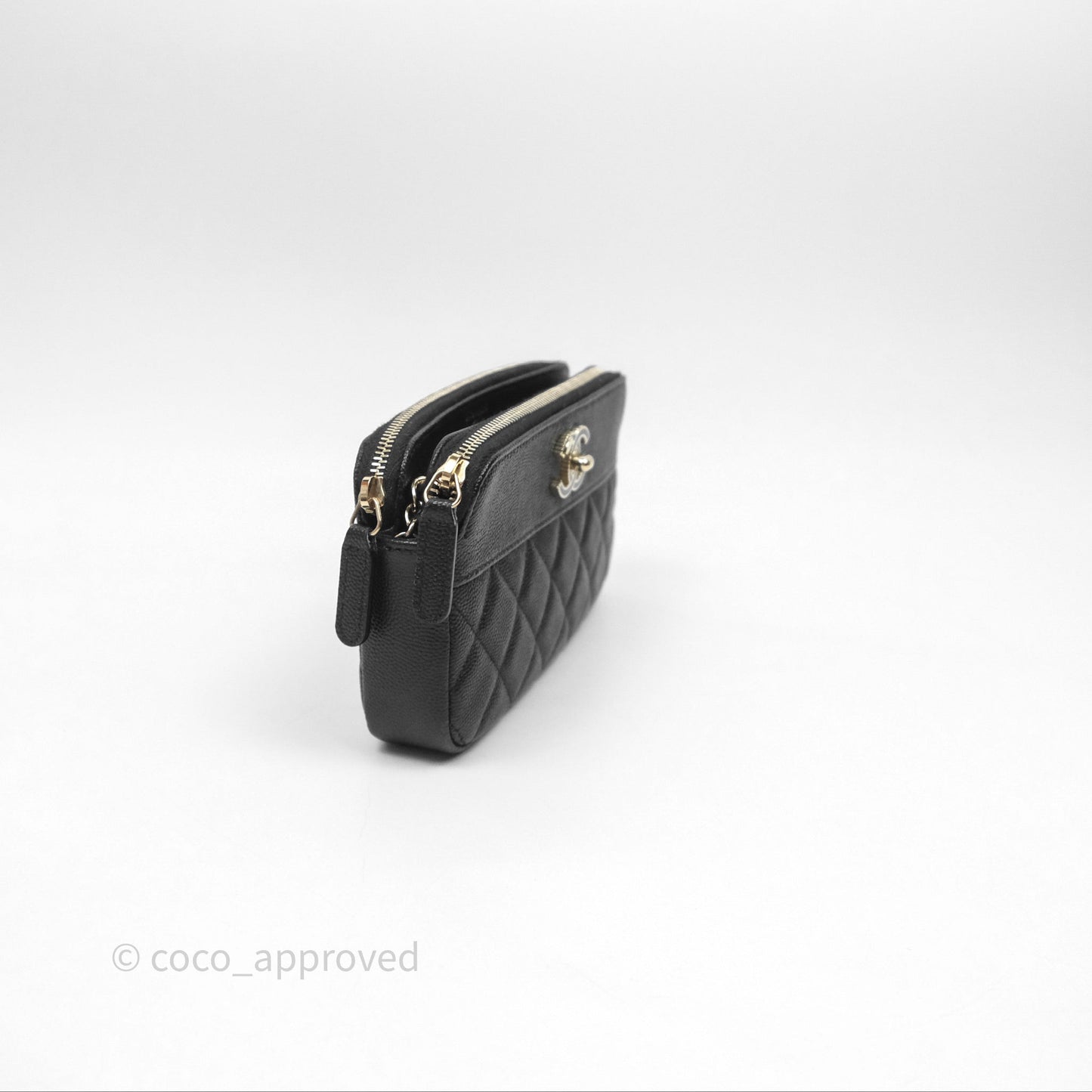 Chanel Double Zip Clutch With Chain Caviar Black Gold Hardware