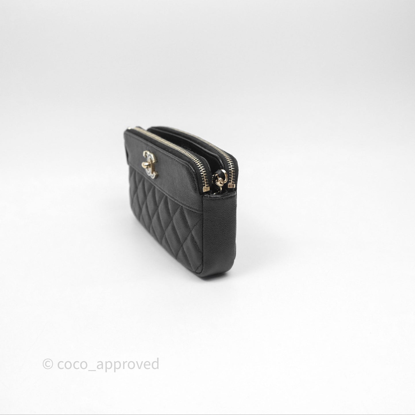 Chanel Double Zip Clutch With Chain Caviar Black Gold Hardware