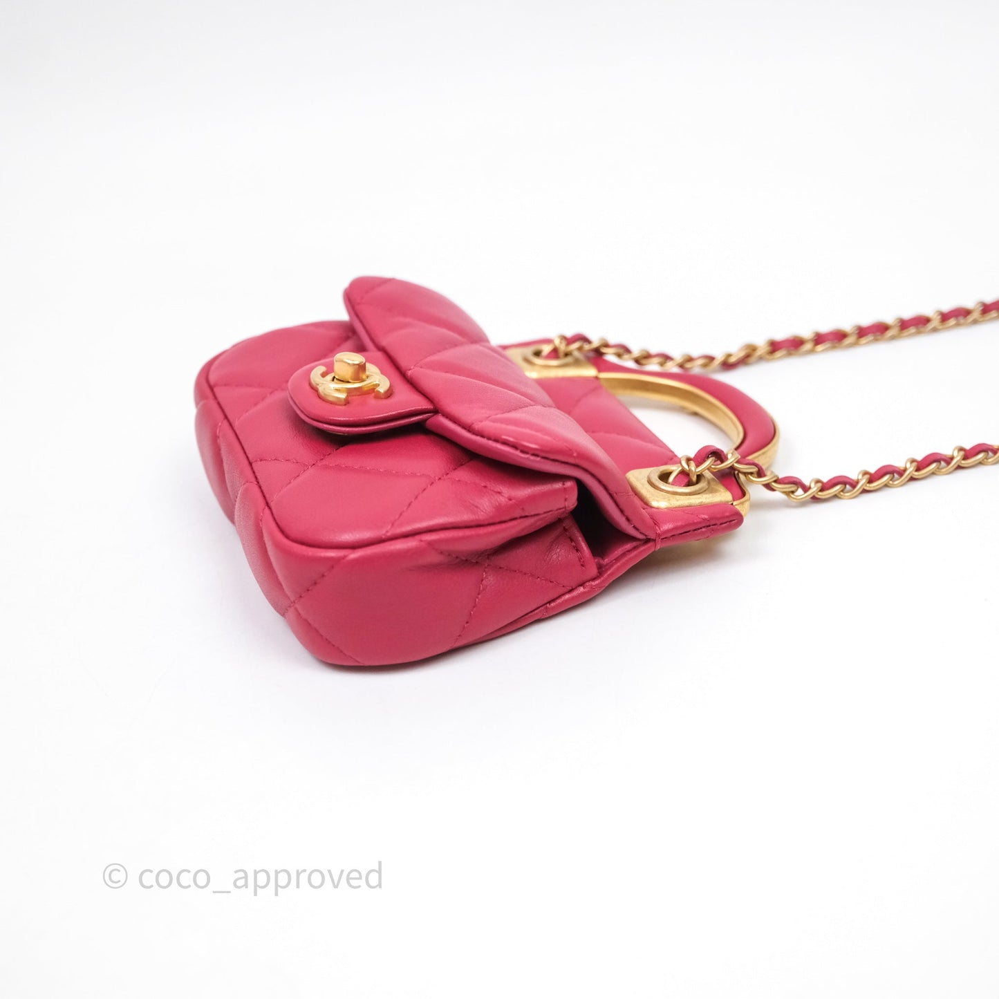 Chanel Quilted Lady Handle Flap Card Holder With Chain Dark Pink Calfskin Aged Gold Hardware