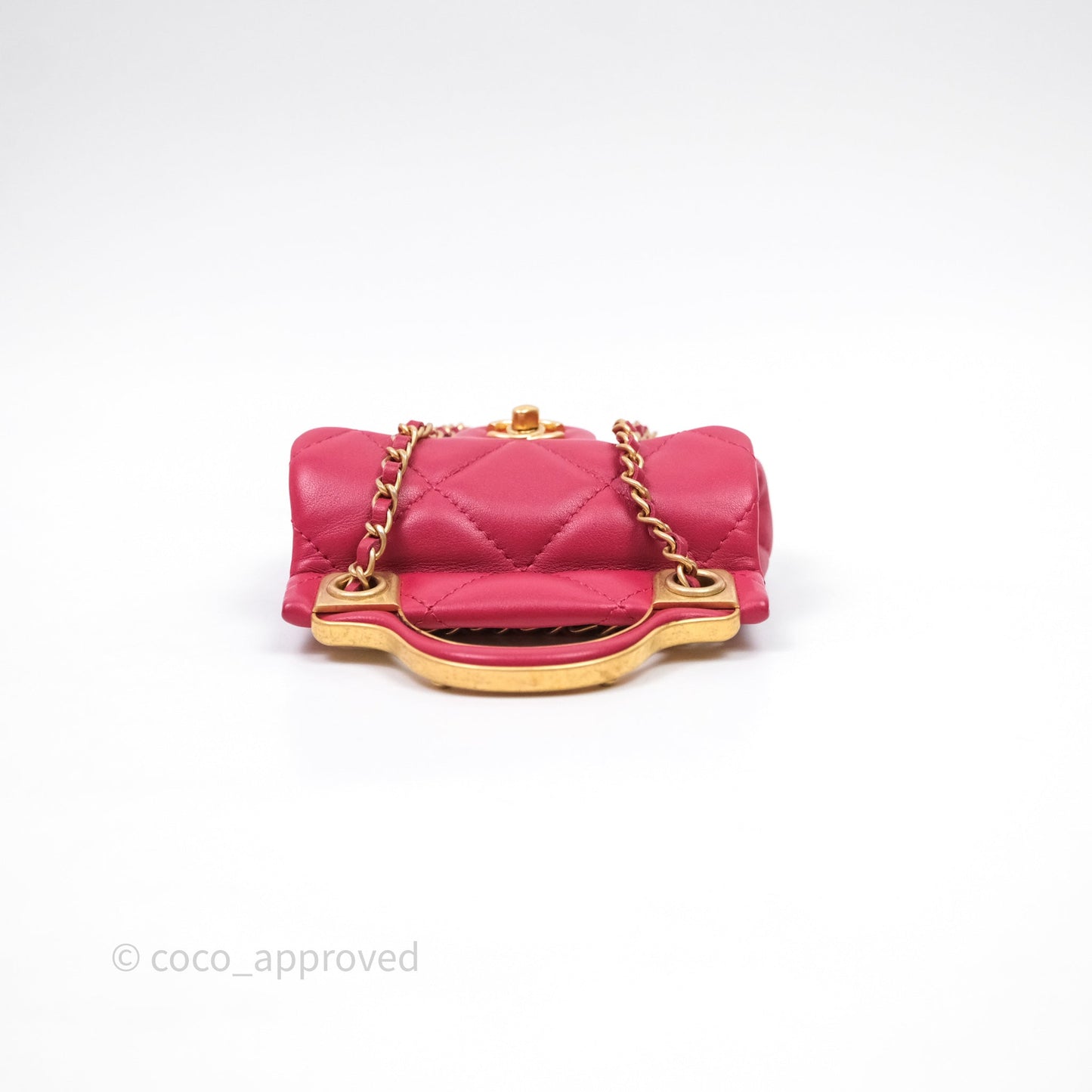 Chanel Quilted Lady Handle Flap Card Holder With Chain Dark Pink Calfskin Aged Gold Hardware