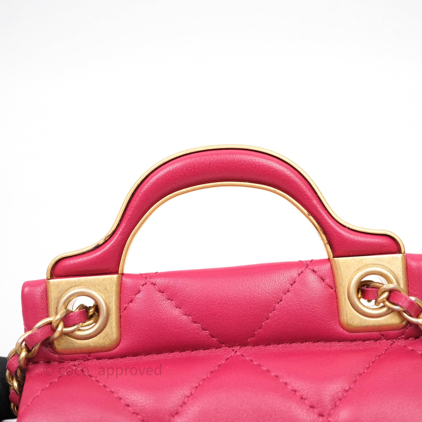 Chanel Quilted Lady Handle Flap Card Holder With Chain Dark Pink Calfskin Aged Gold Hardware