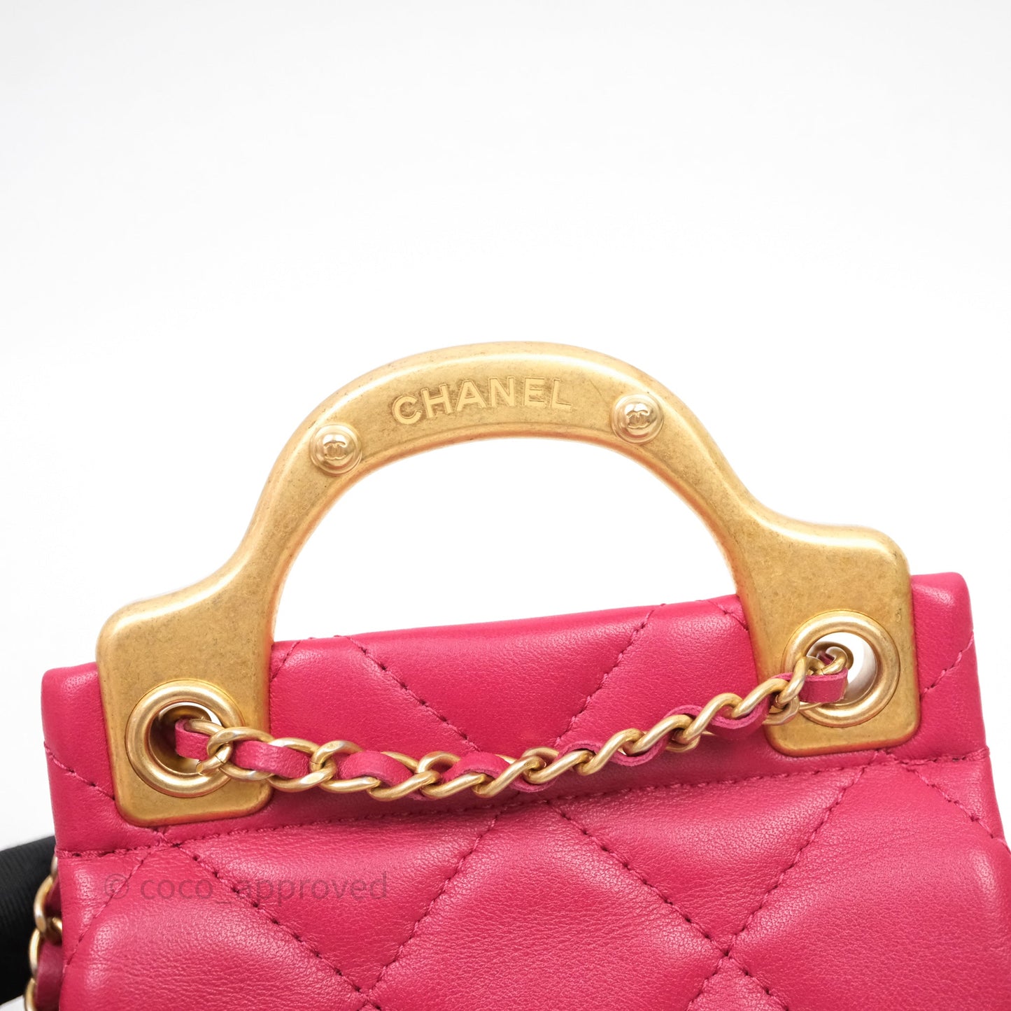 Chanel Quilted Lady Handle Flap Card Holder With Chain Dark Pink Calfskin Aged Gold Hardware