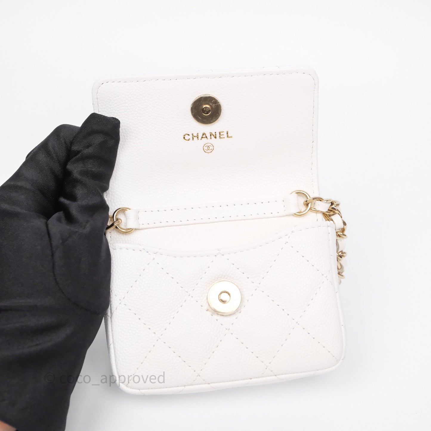 Chanel Mini Card Holder Charms Chain Belt Bag White Caviar Gold Hardware