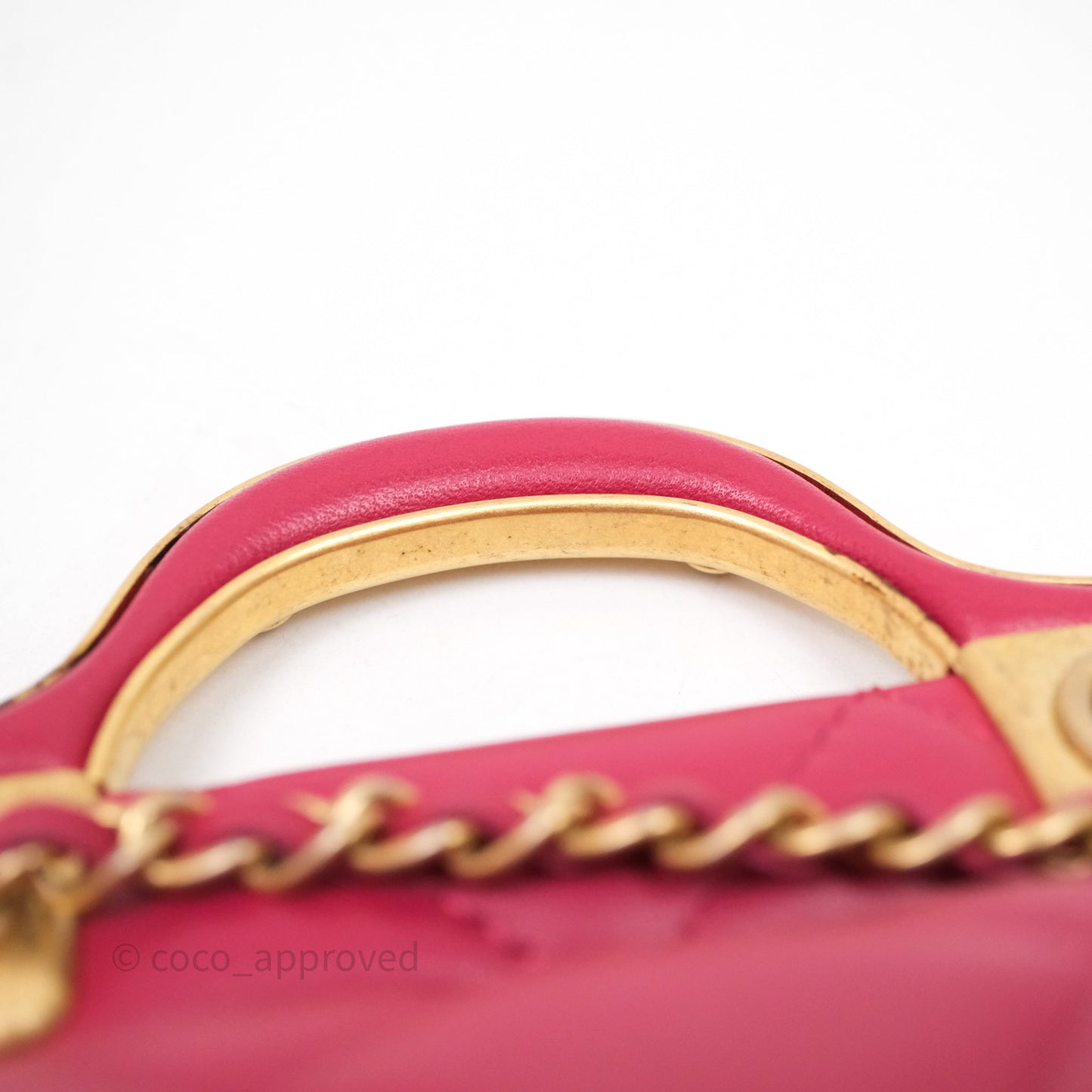 Chanel Quilted Lady Handle Flap Card Holder With Chain Dark Pink Calfskin Aged Gold Hardware