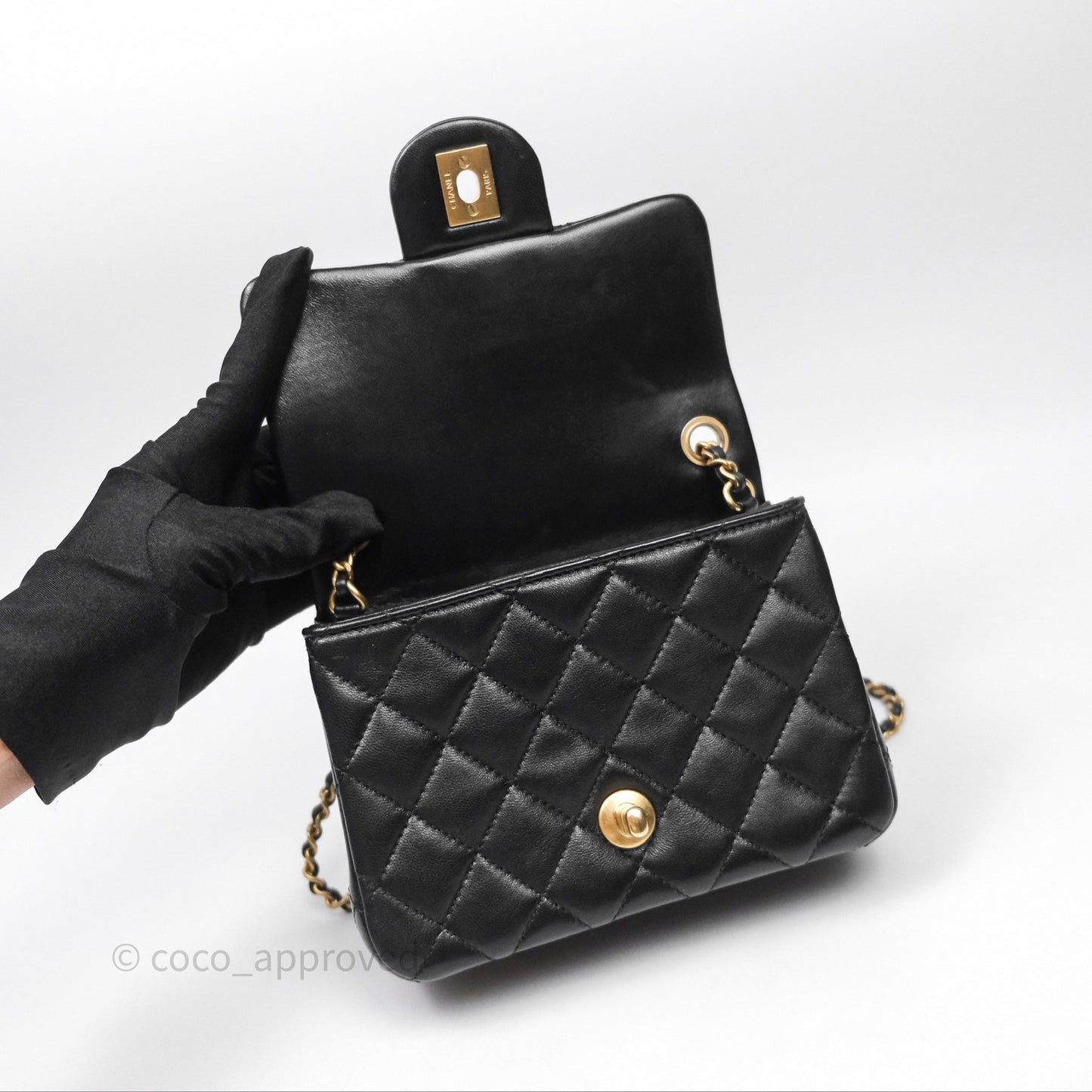 Chanel Pearl Crush Mini Square Quilted Black Lambskin Aged Gold Hardware