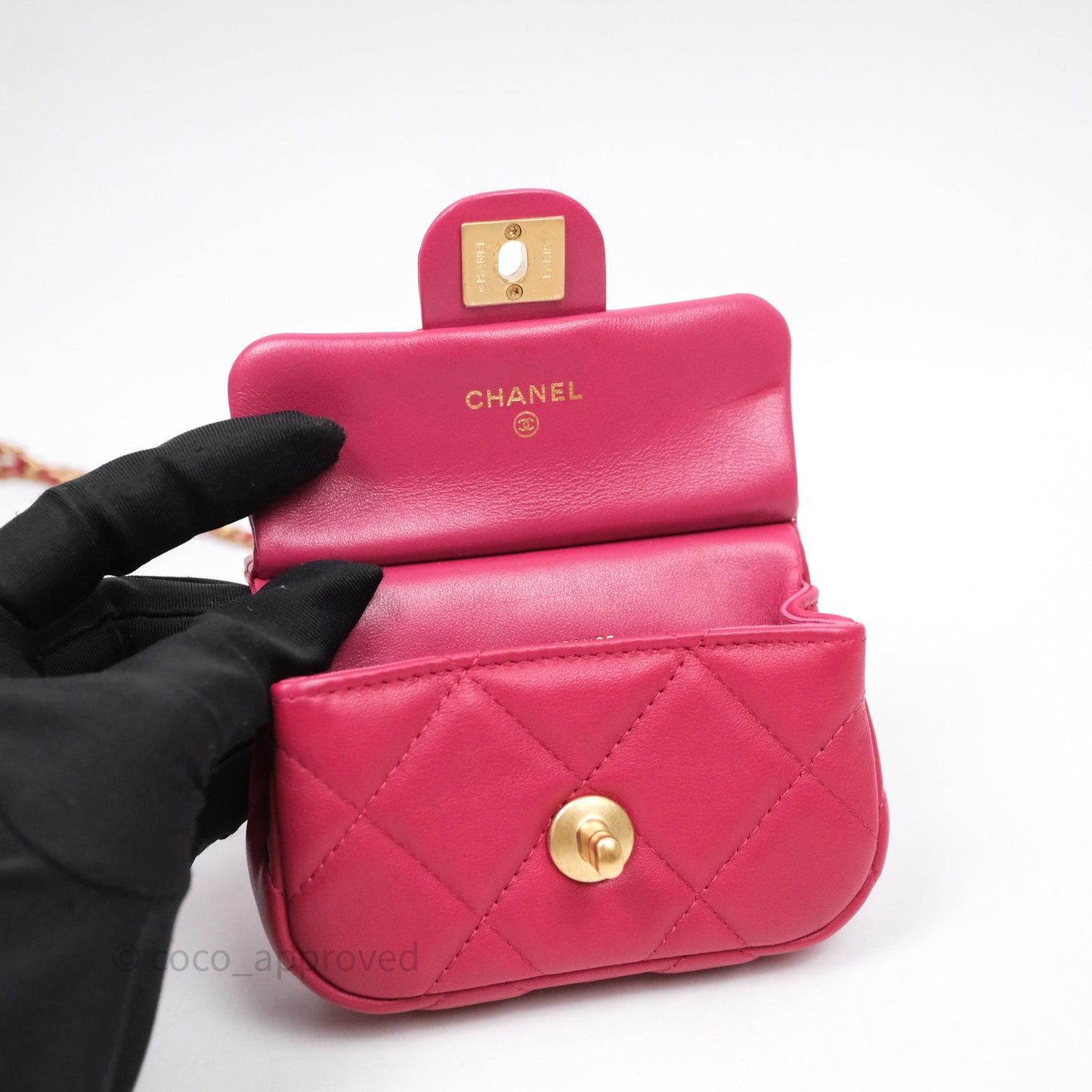 Chanel Quilted Lady Handle Flap Card Holder With Chain Dark Pink Calfskin Aged Gold Hardware