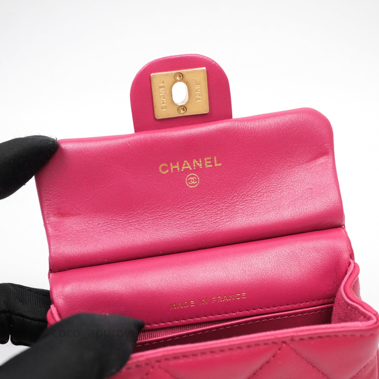 Chanel Quilted Lady Handle Flap Card Holder With Chain Dark Pink Calfskin Aged Gold Hardware