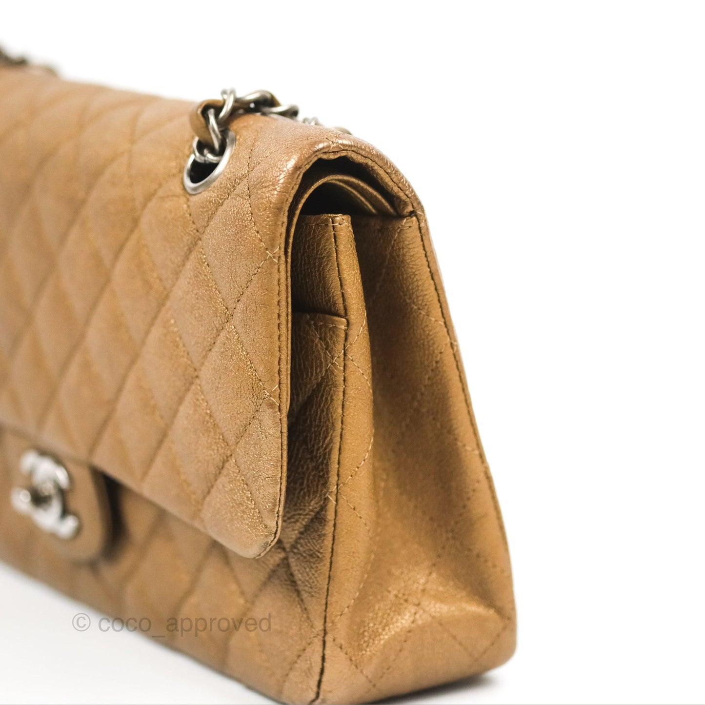 Chanel Classic M/L Medium Flap Quilted Metallic Gold Grained Calfskin Ruthenium Hardware