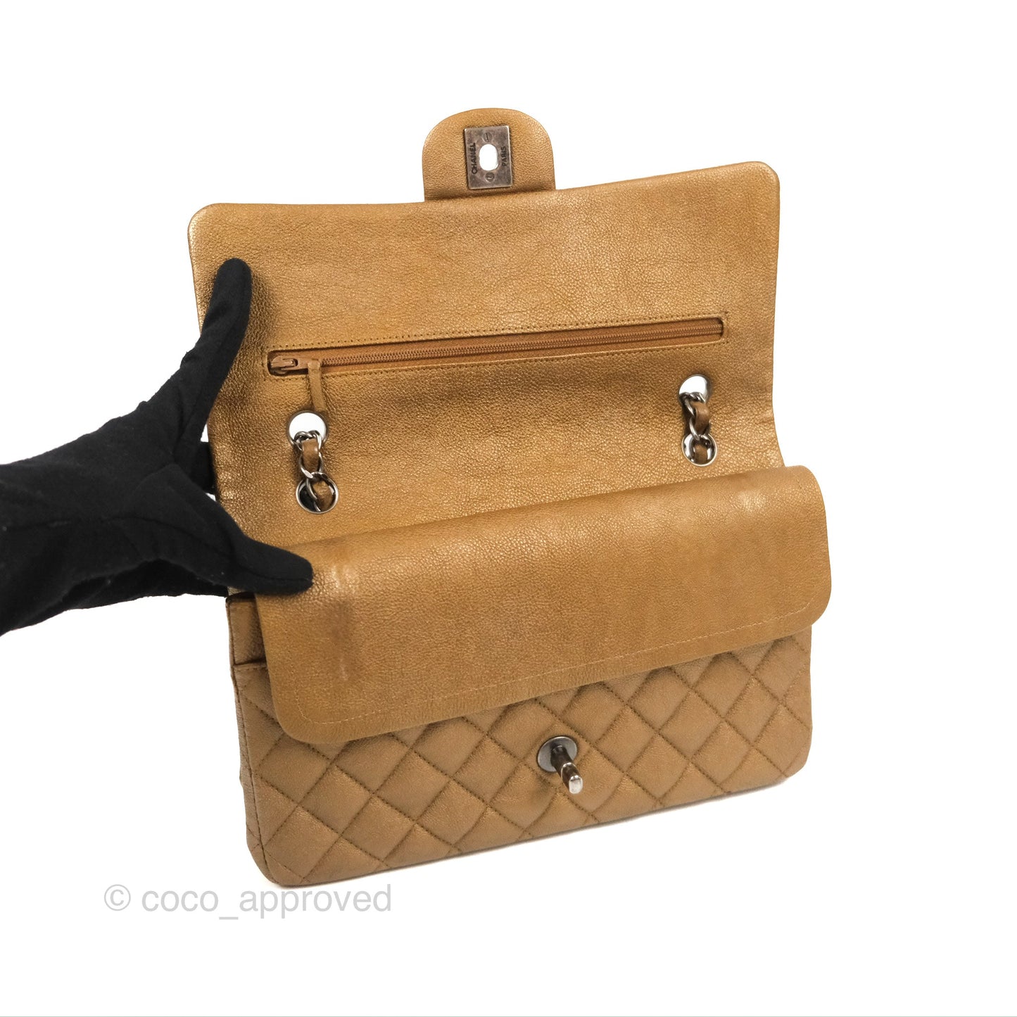 Chanel Classic M/L Medium Flap Quilted Metallic Gold Grained Calfskin Ruthenium Hardware