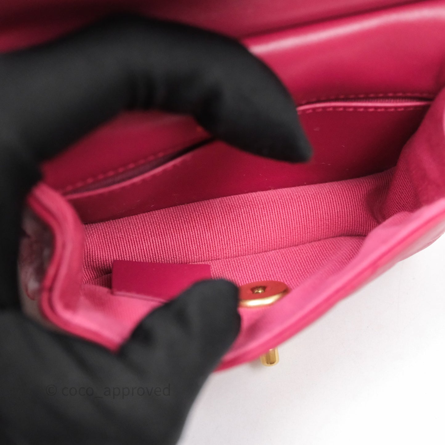 Chanel Quilted Lady Handle Flap Card Holder With Chain Dark Pink Calfskin Aged Gold Hardware