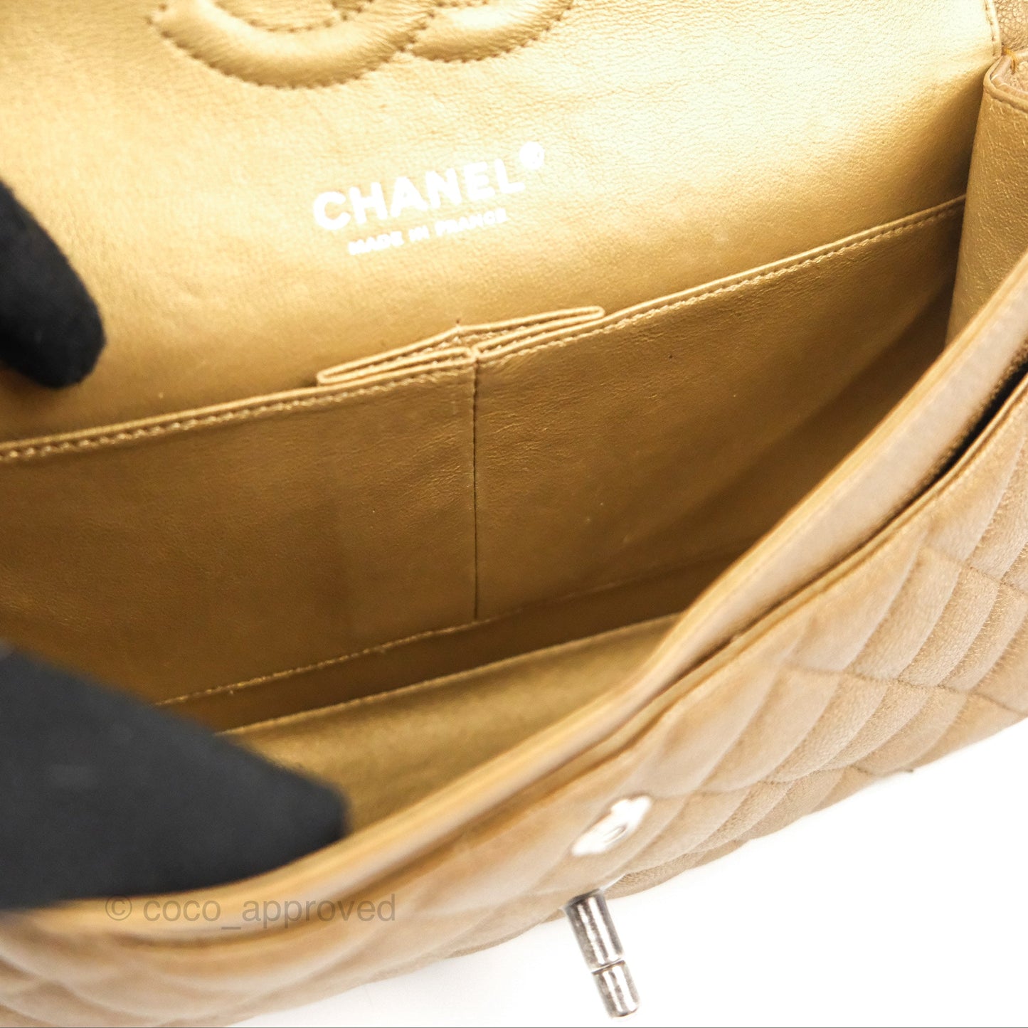 Chanel Classic M/L Medium Flap Quilted Metallic Gold Grained Calfskin Ruthenium Hardware