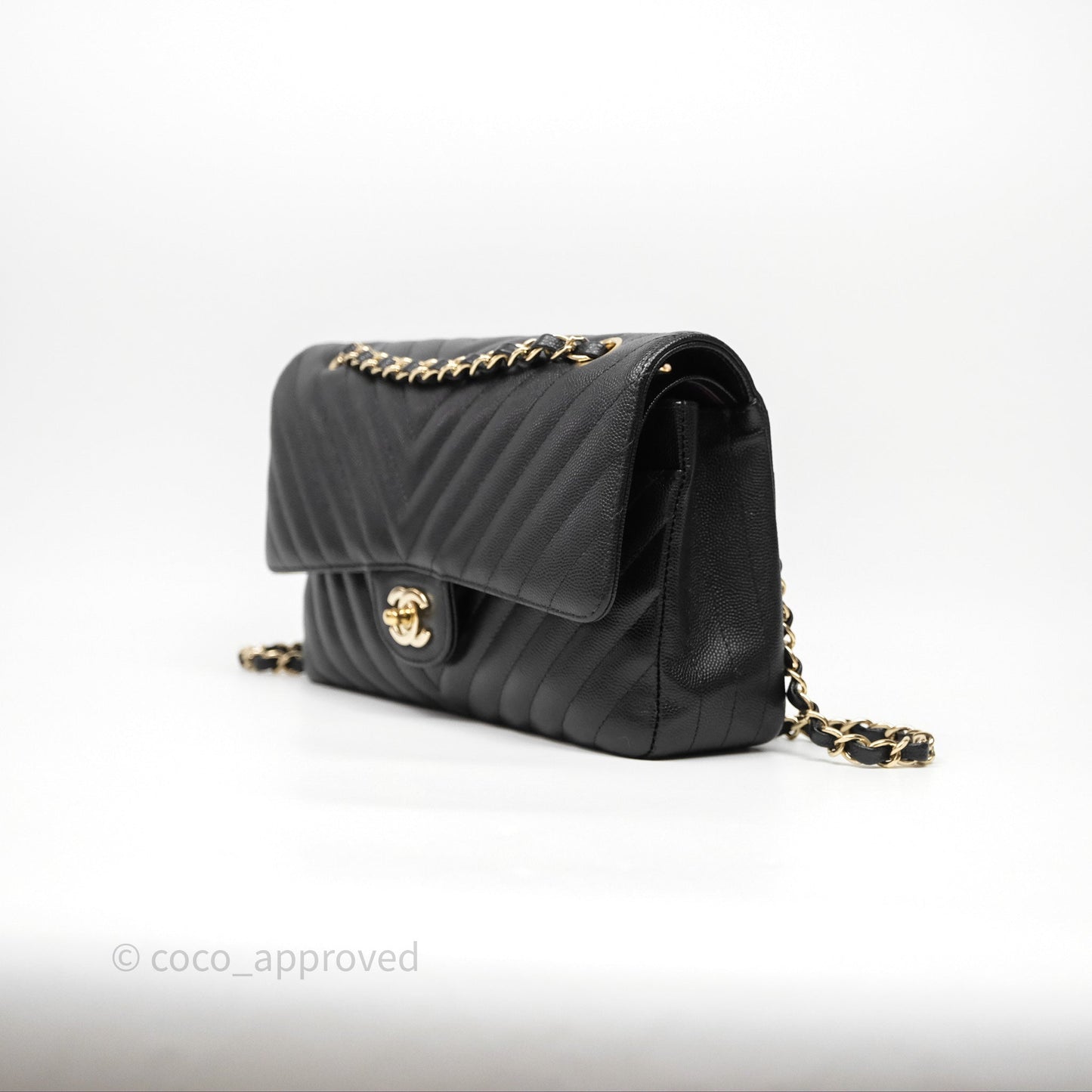 Chanel Classic M/L Medium Flap Chevron Black Caviar Gold Hardware