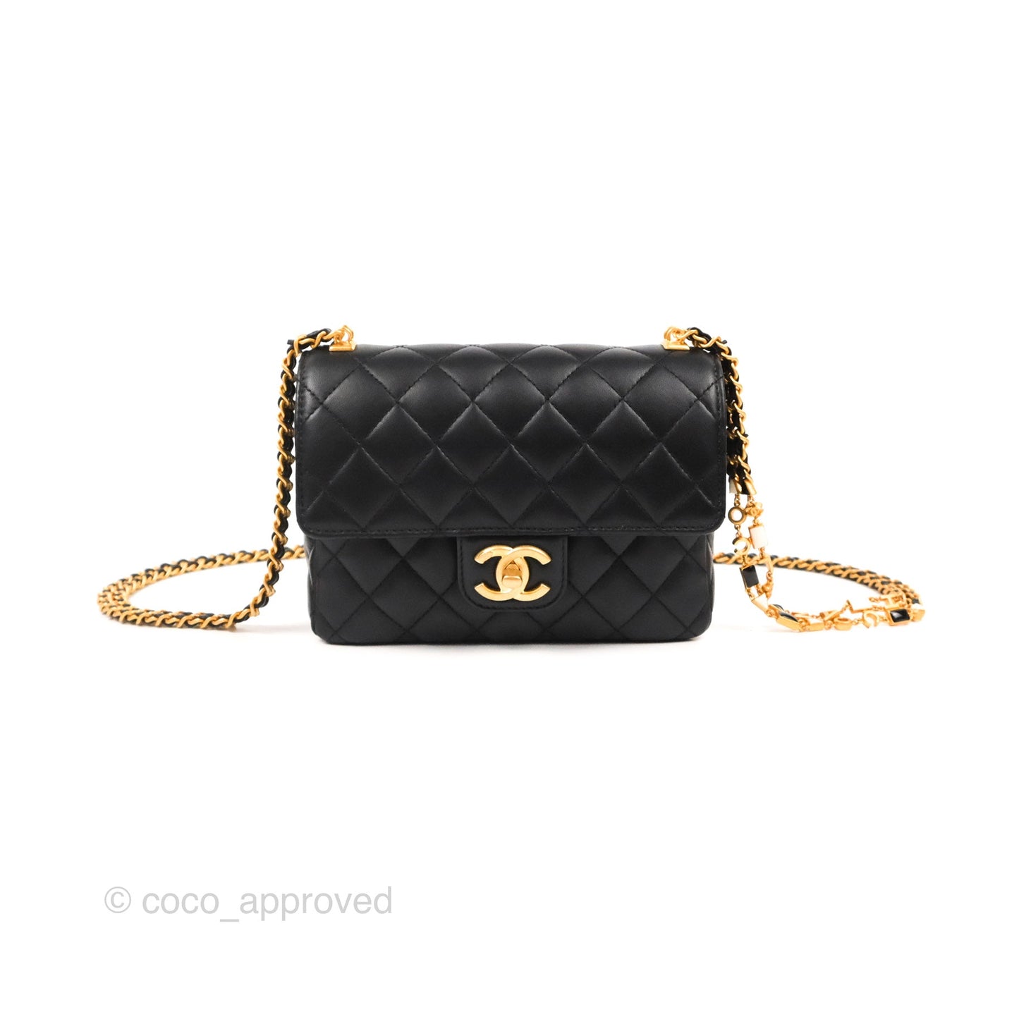 Chanel Flap Bag with Logo Enamel Chain Black Lambskin 22B