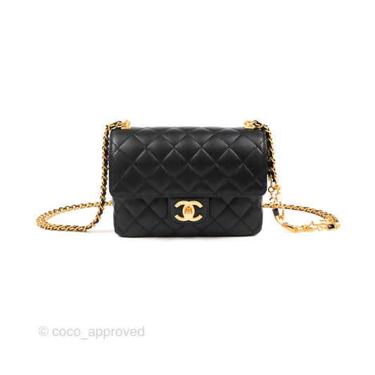 Chanel Flap Bag with Logo Enamel Chain Black Lambskin 22B