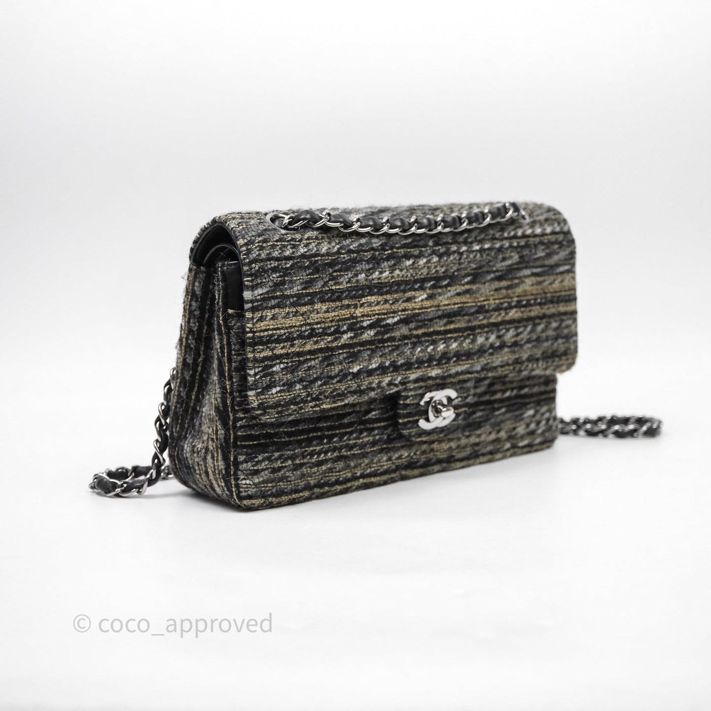 Chanel Classic M/L Medium Flap Quilted Grey Tweed Silver Hardware