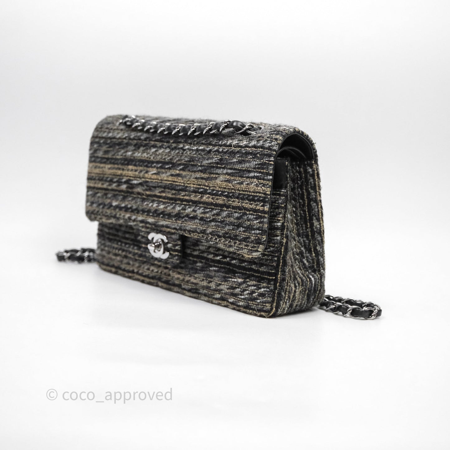 Chanel Classic M/L Medium Flap Quilted Grey Tweed Silver Hardware