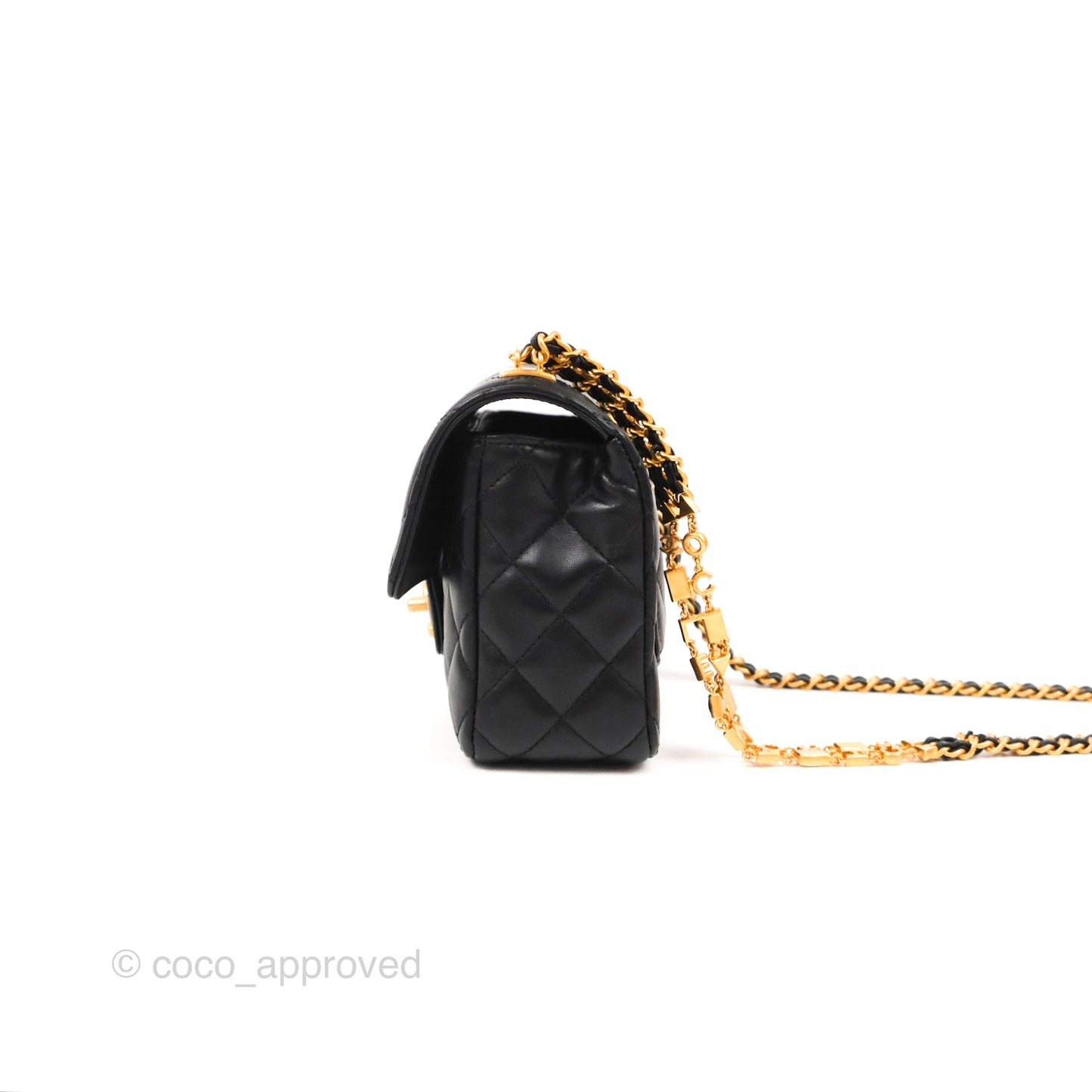 Chanel Flap Bag with Logo Enamel Chain Black Lambskin 22B