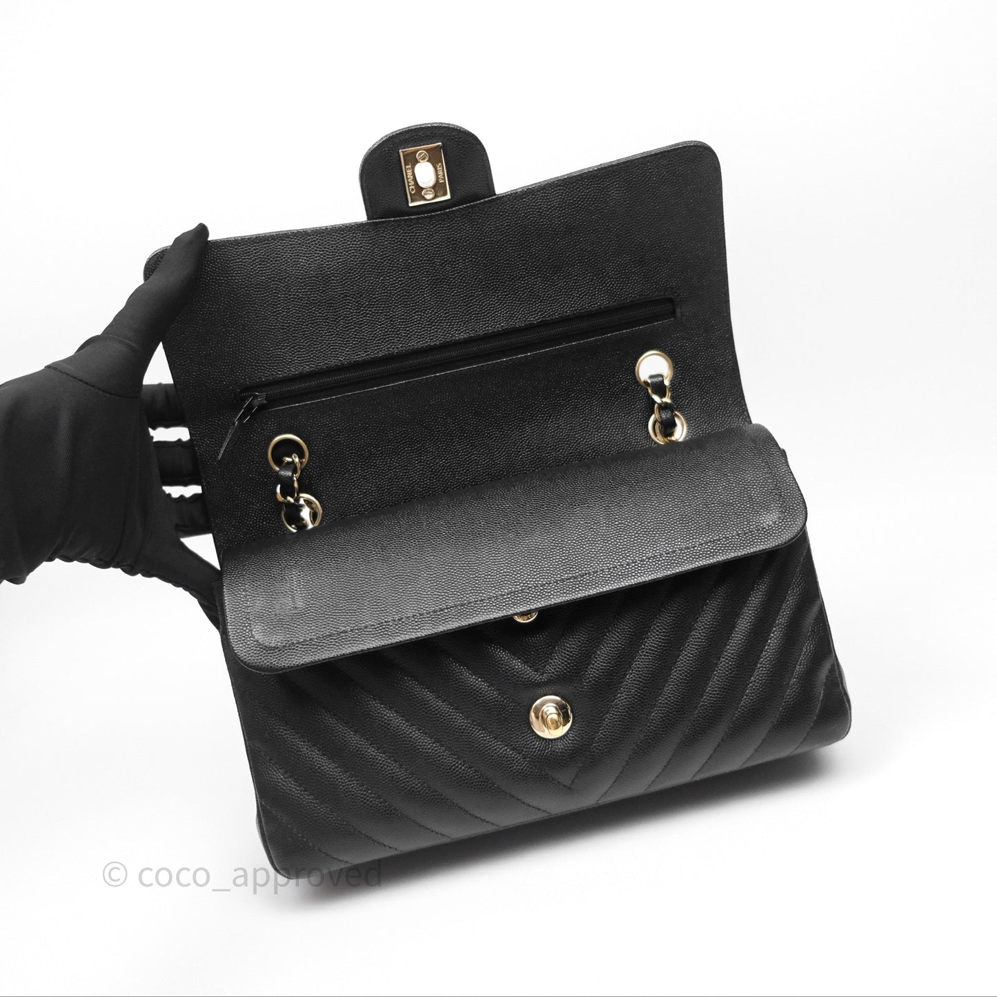 Chanel Classic M/L Medium Flap Chevron Black Caviar Gold Hardware