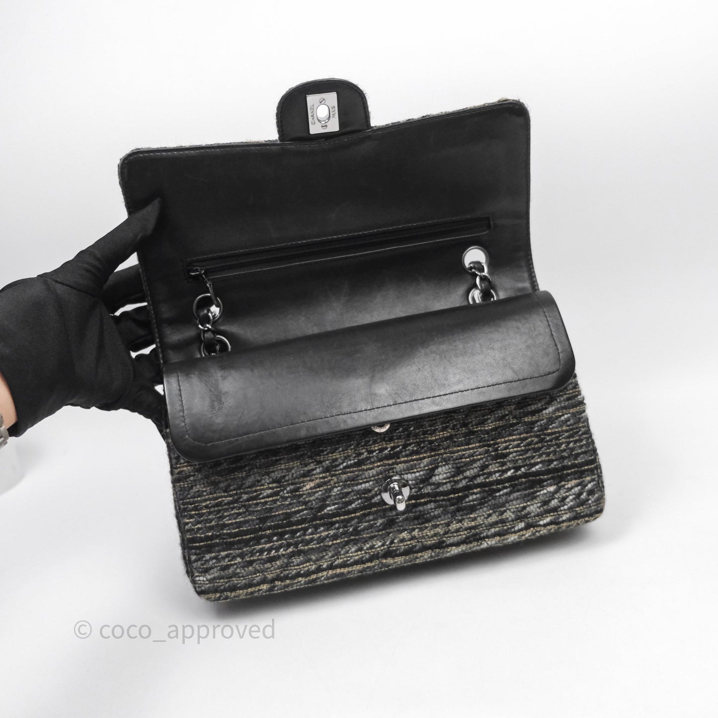 Chanel Classic M/L Medium Flap Quilted Grey Tweed Silver Hardware