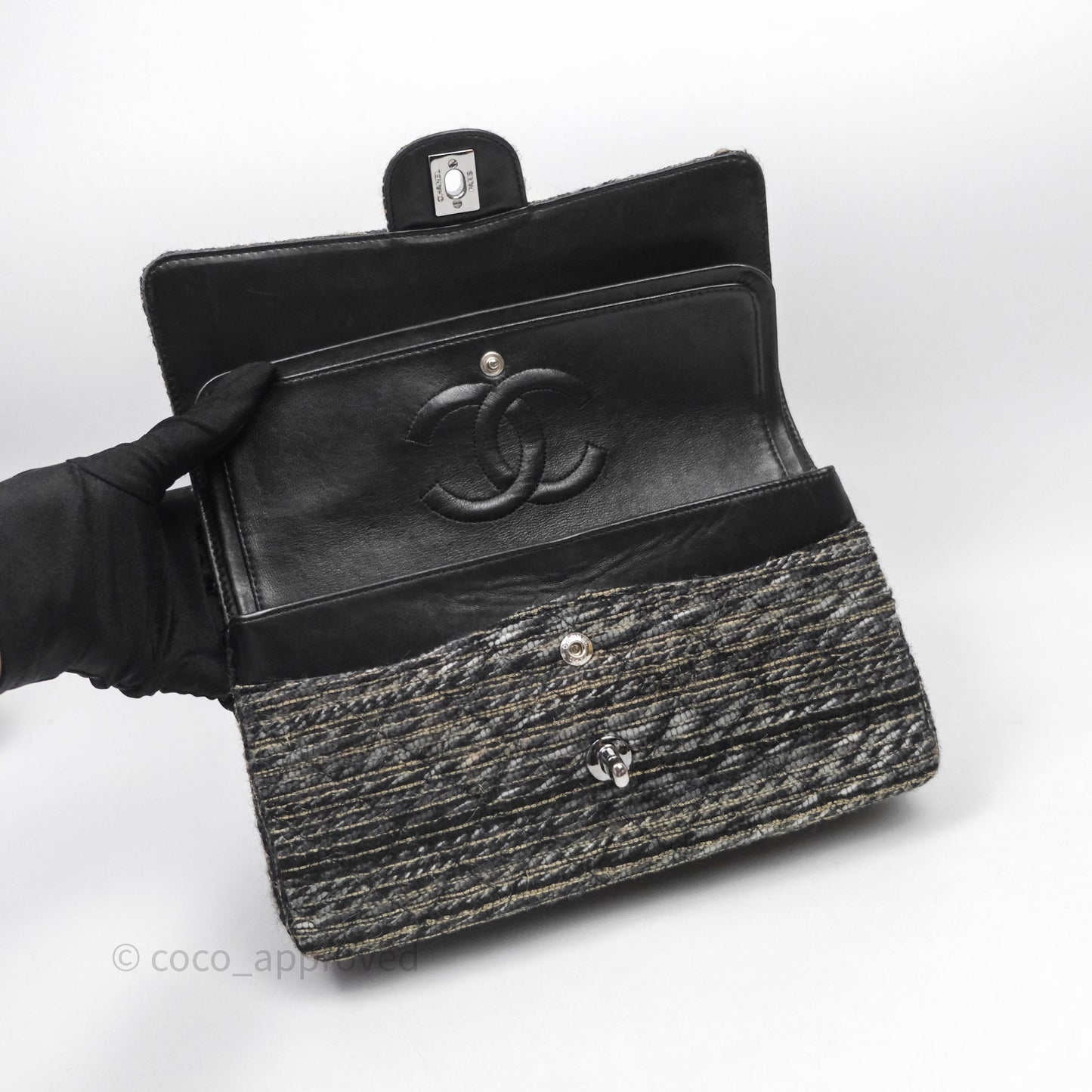 Chanel Classic M/L Medium Flap Quilted Grey Tweed Silver Hardware