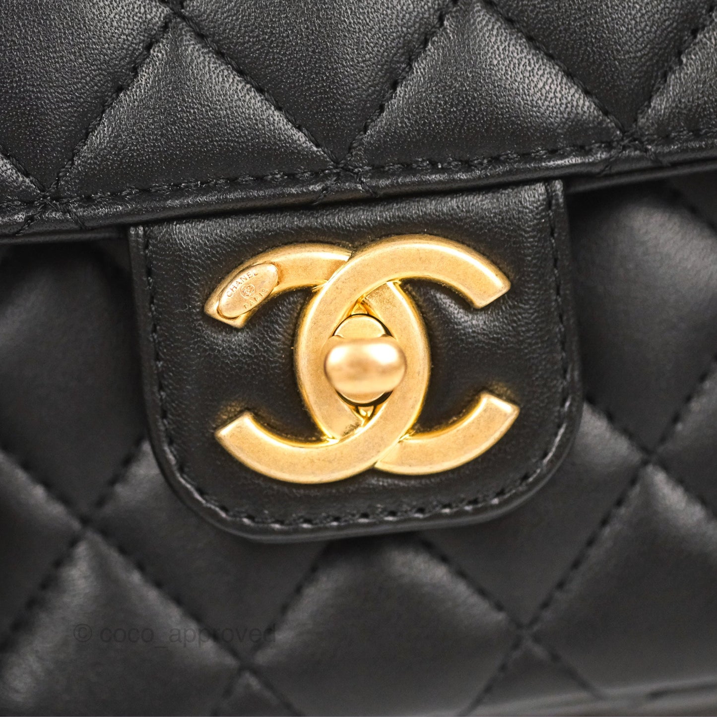 Chanel Flap Bag with Logo Enamel Chain Black Lambskin 22B