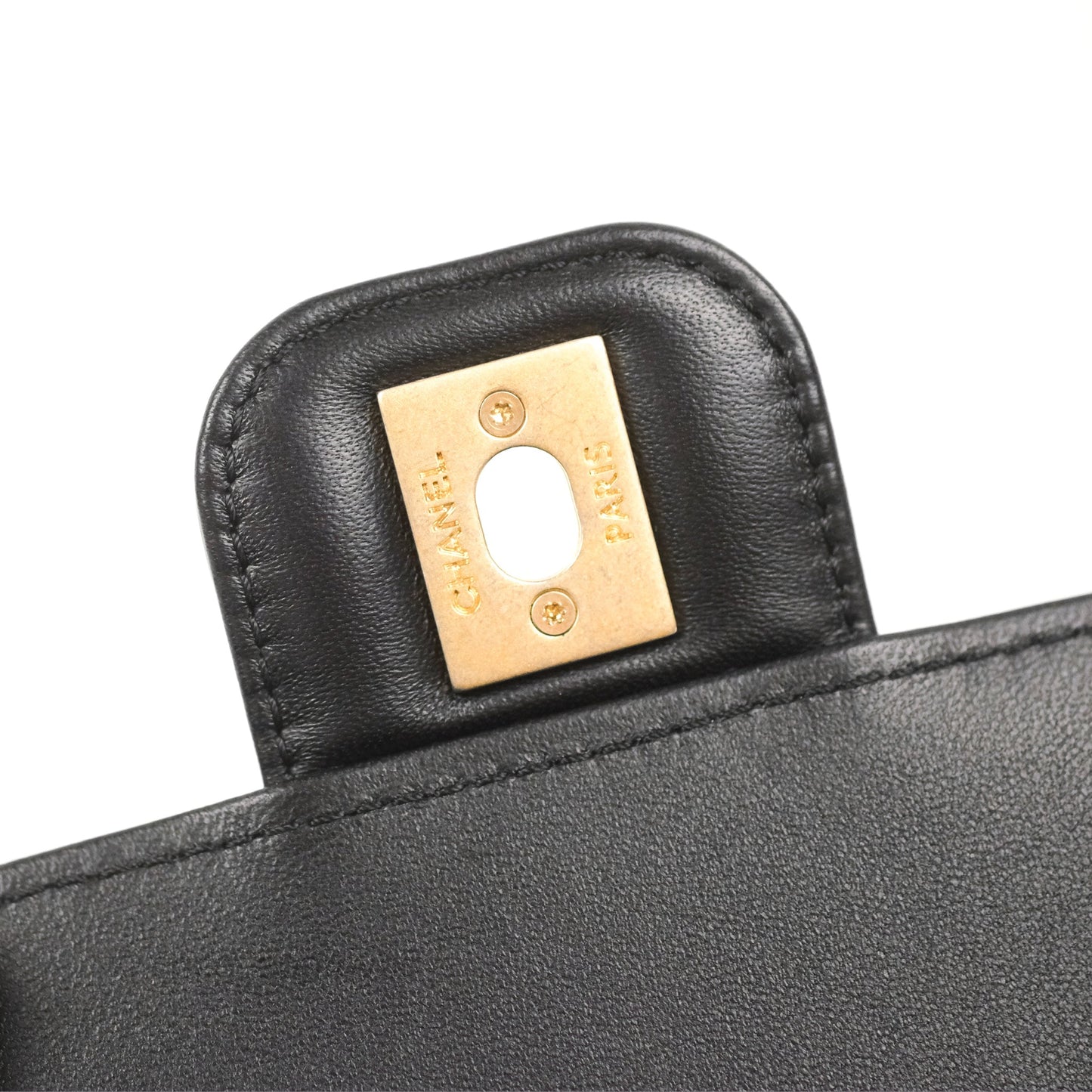 Chanel Flap Bag with Logo Enamel Chain Black Lambskin 22B