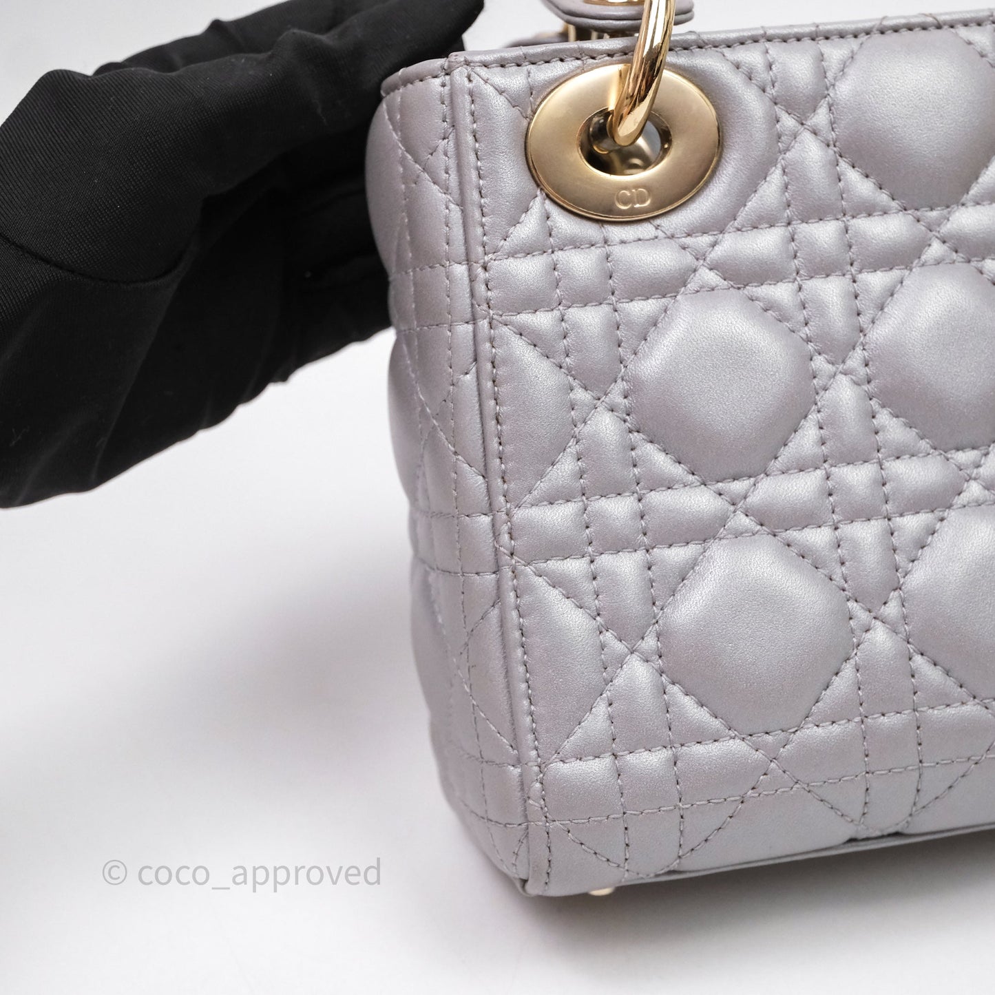 Christian Dior Mini Lady Dior Iridescent Grey Lambskin Cannage Gold Hardware